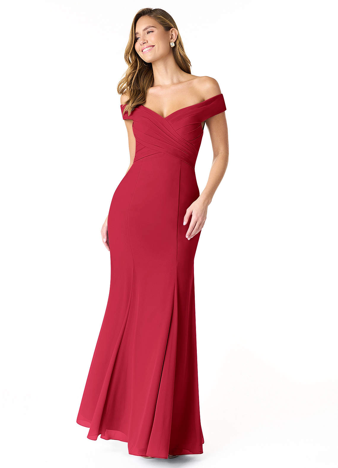 Azazie Lecia Vestidos de damas de honor Vestido de Escarlata de Gasa de Imperio Convertible con Plisado fuera del hombro image1