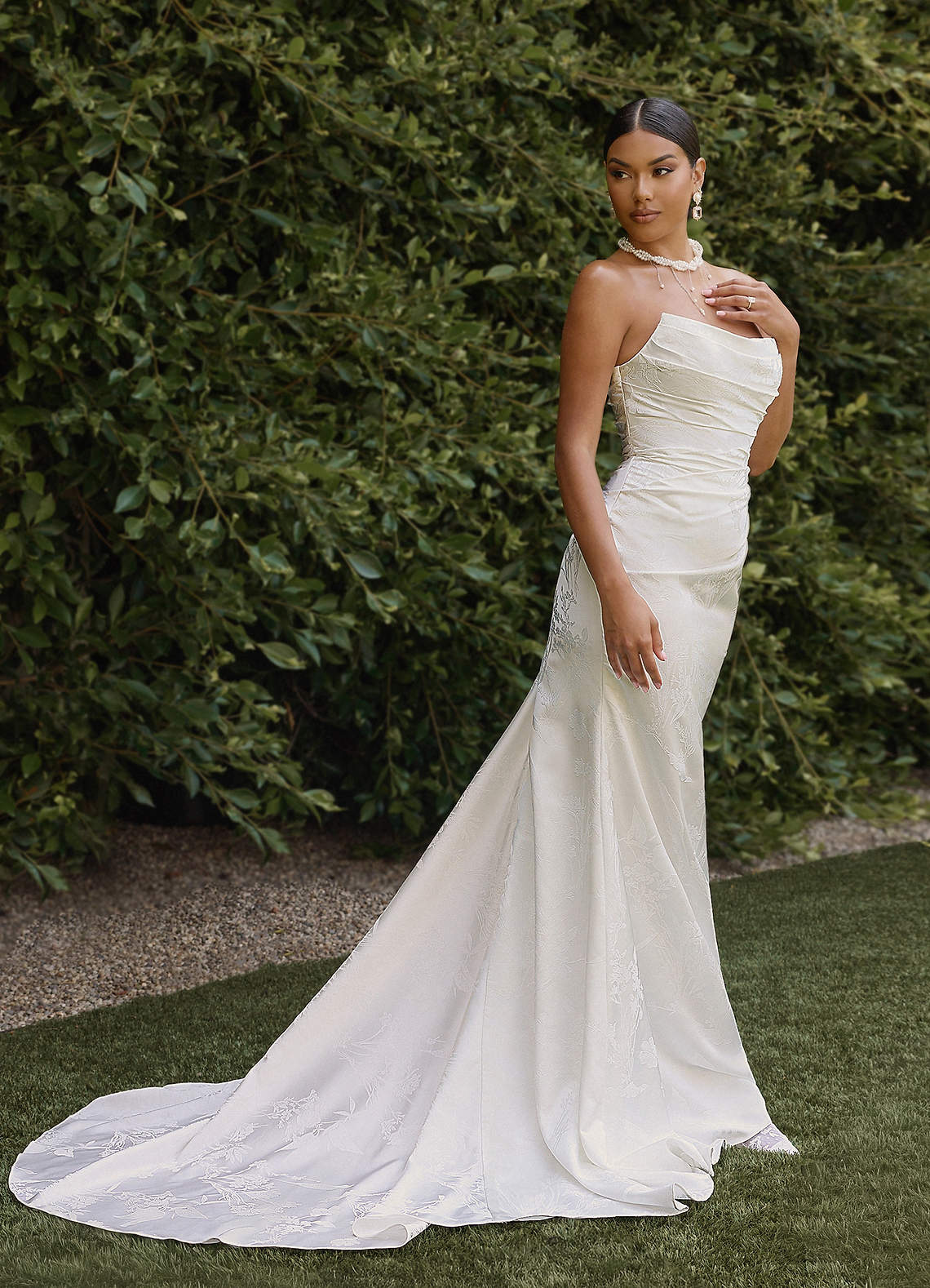 Azazie Elyse Wedding Dresses Diamond White Mermaid Strapless Floral Jacquard Dress image2