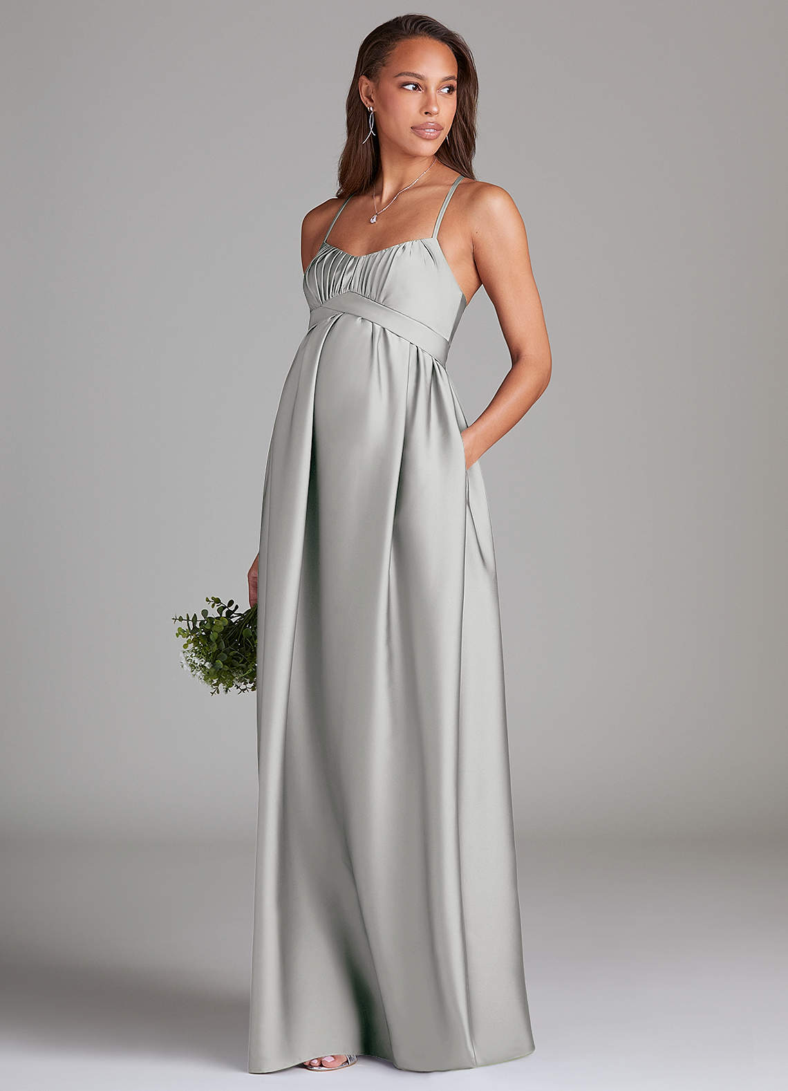 Azazie Llana Maternity Bridesmaid Dresses A-Line Stretch Satin Floor-Length Dress with Pockets image1