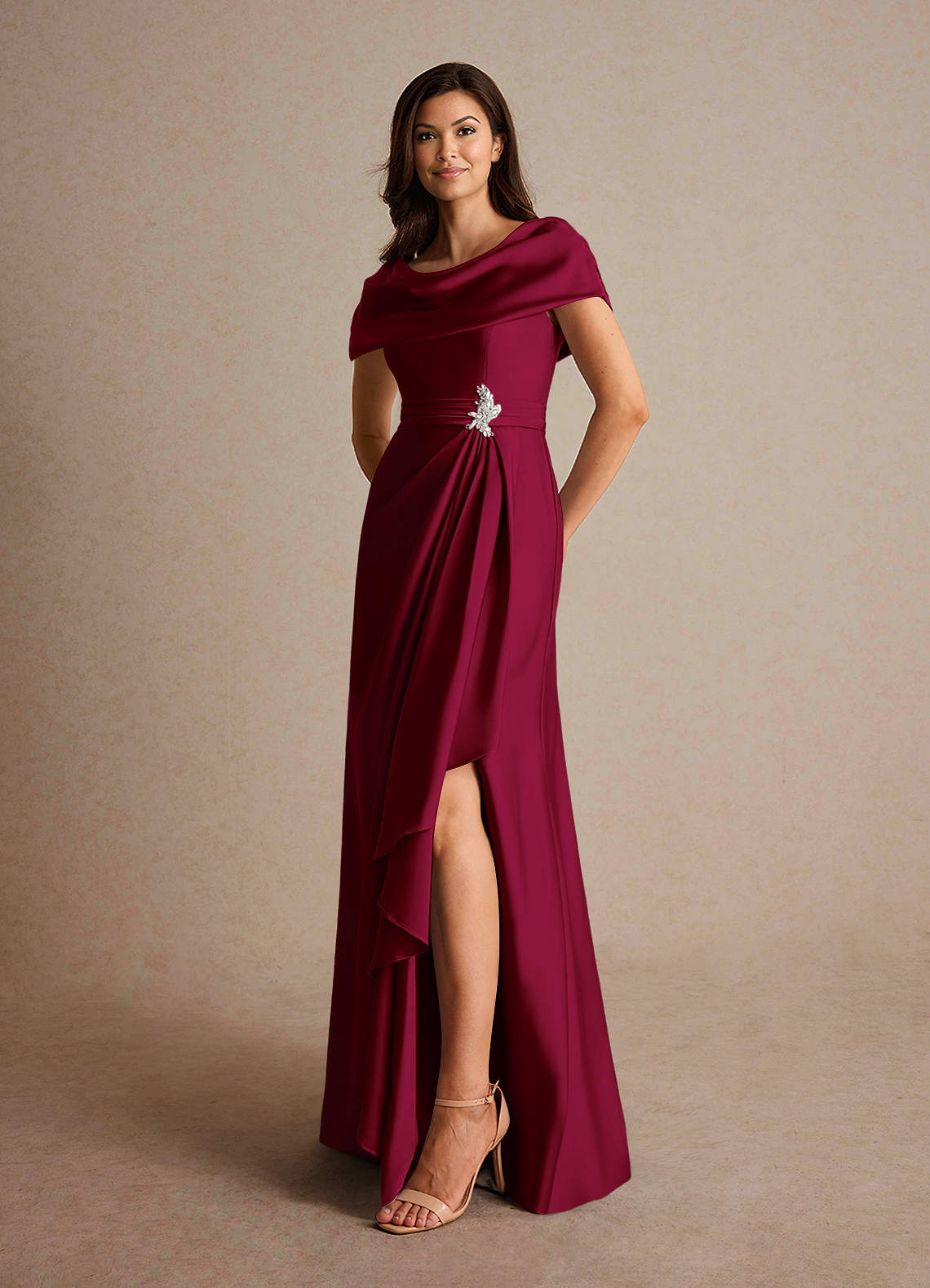 Azazie Branford Mother of the Bride Dresses Burgundy A-Line Pleated Stretch Satin Dress image7