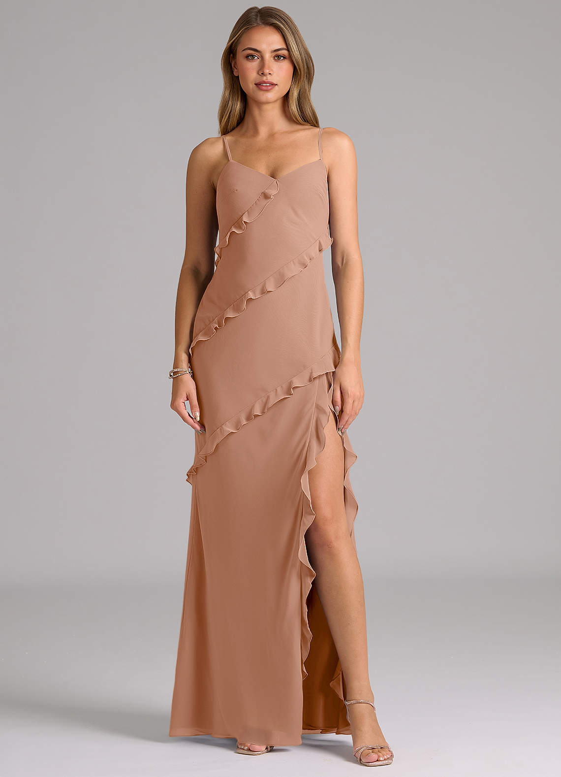 Azazie Nancie Jurken voor bruidsmeisjes Jurk van Chiffon met Zeemeermin Ruches Champagne Roos image1