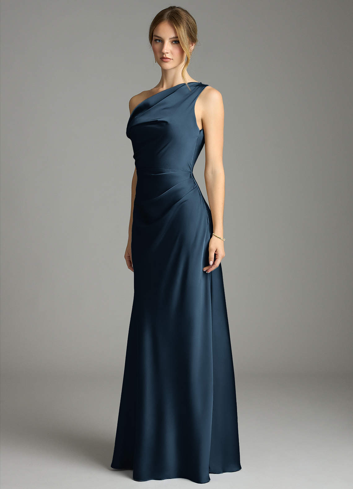 Azazie Emerson Bridesmaid Dresses Dark Navy Mermaid Off the Shoulder Stretch Satin Dress image3