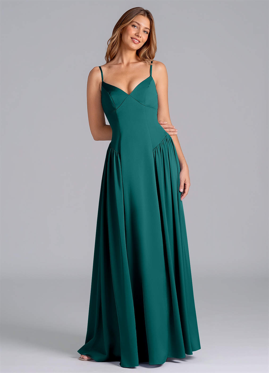 Azazie Kirby Bridesmaid Dresses Peacock A-Line Stretch Satin Dress image1