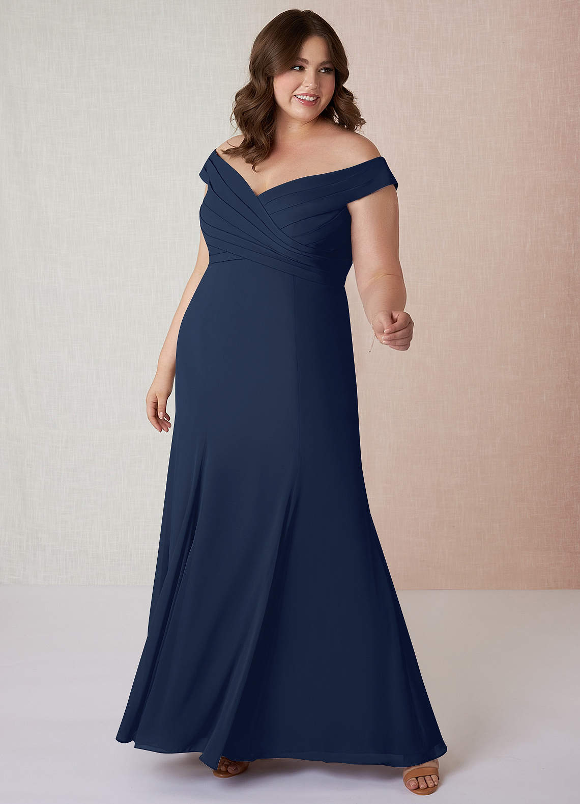 Azazie Lecia Bridesmaid Dresses Dark Navy Empire Off-The-Shoulder Pleated Chiffon Convertible Dress image1