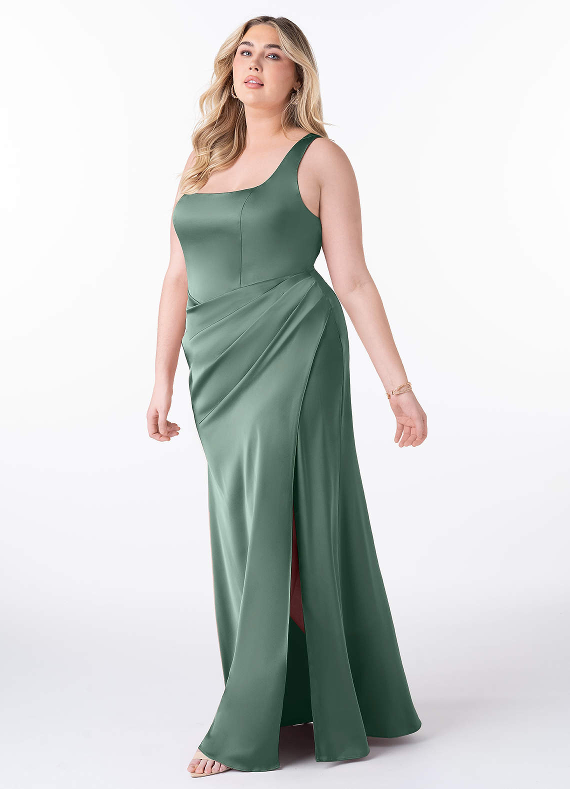 Azazie Mero Bridesmaid Dresses Eucalyptus Sheath Pleated Stretch Satin Dress image7