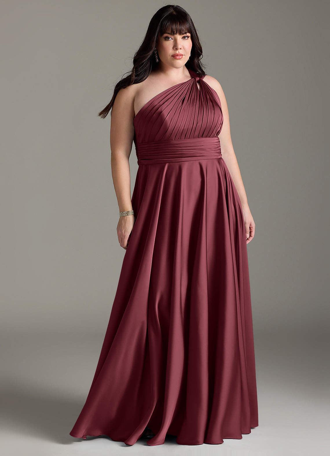 Azazie Charlize Bridesmaid Dresses Merlot A-Line One Shoulder Stretch Satin Dress image1