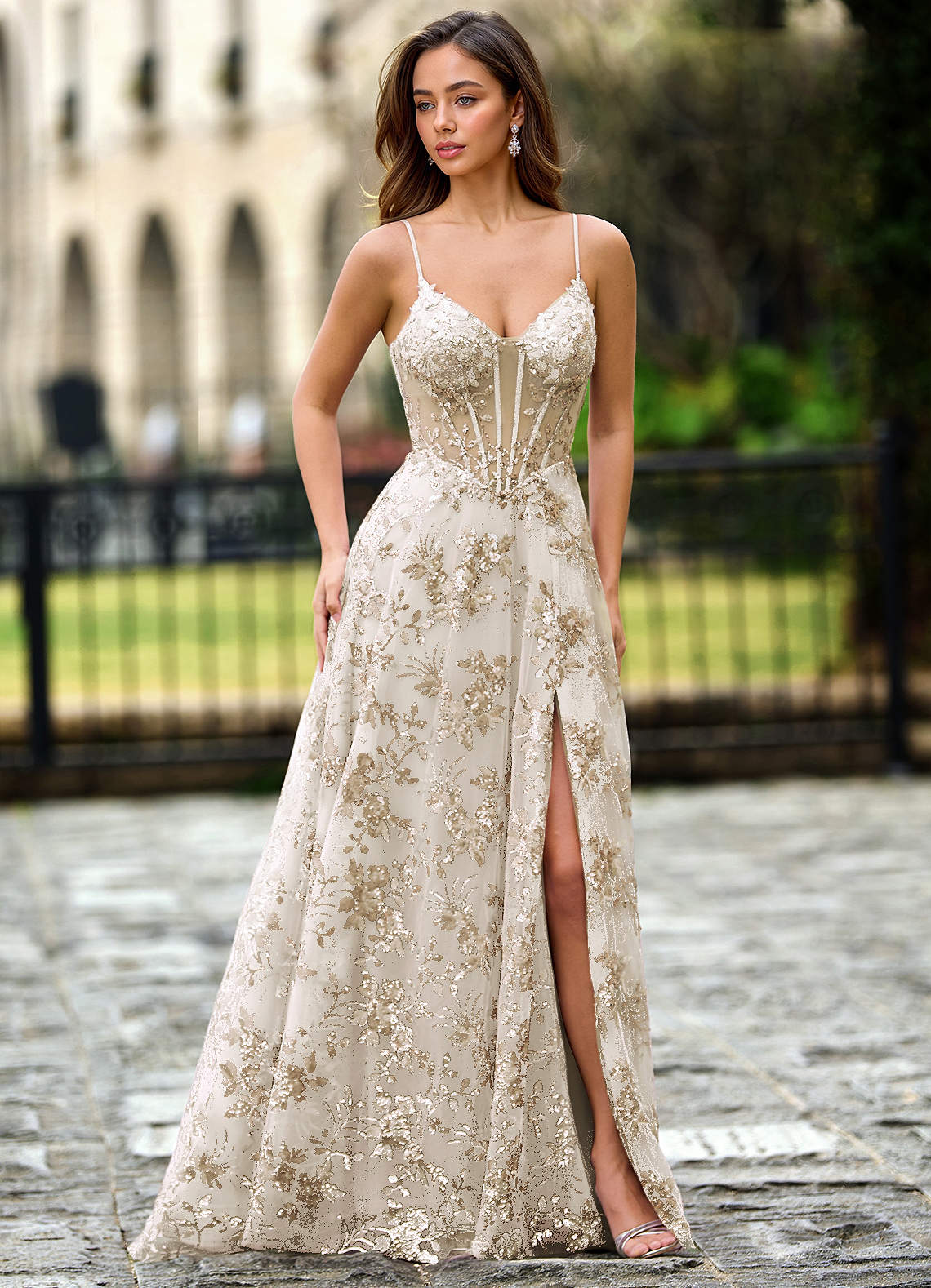 champagne embroidery long prom dress Wedtrend Women Champagne Prom Dress A-Line Princess Square Neck Corset Long Evening Dress with Embroidery, Champagne / US10