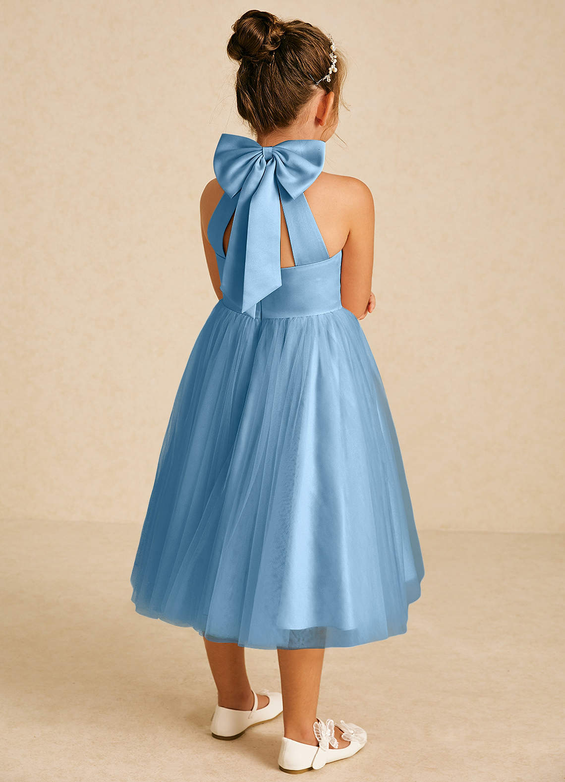 Azazie Dora Flower Girl Dresses Steel Blue A-Line Bow Tulle Dress image1