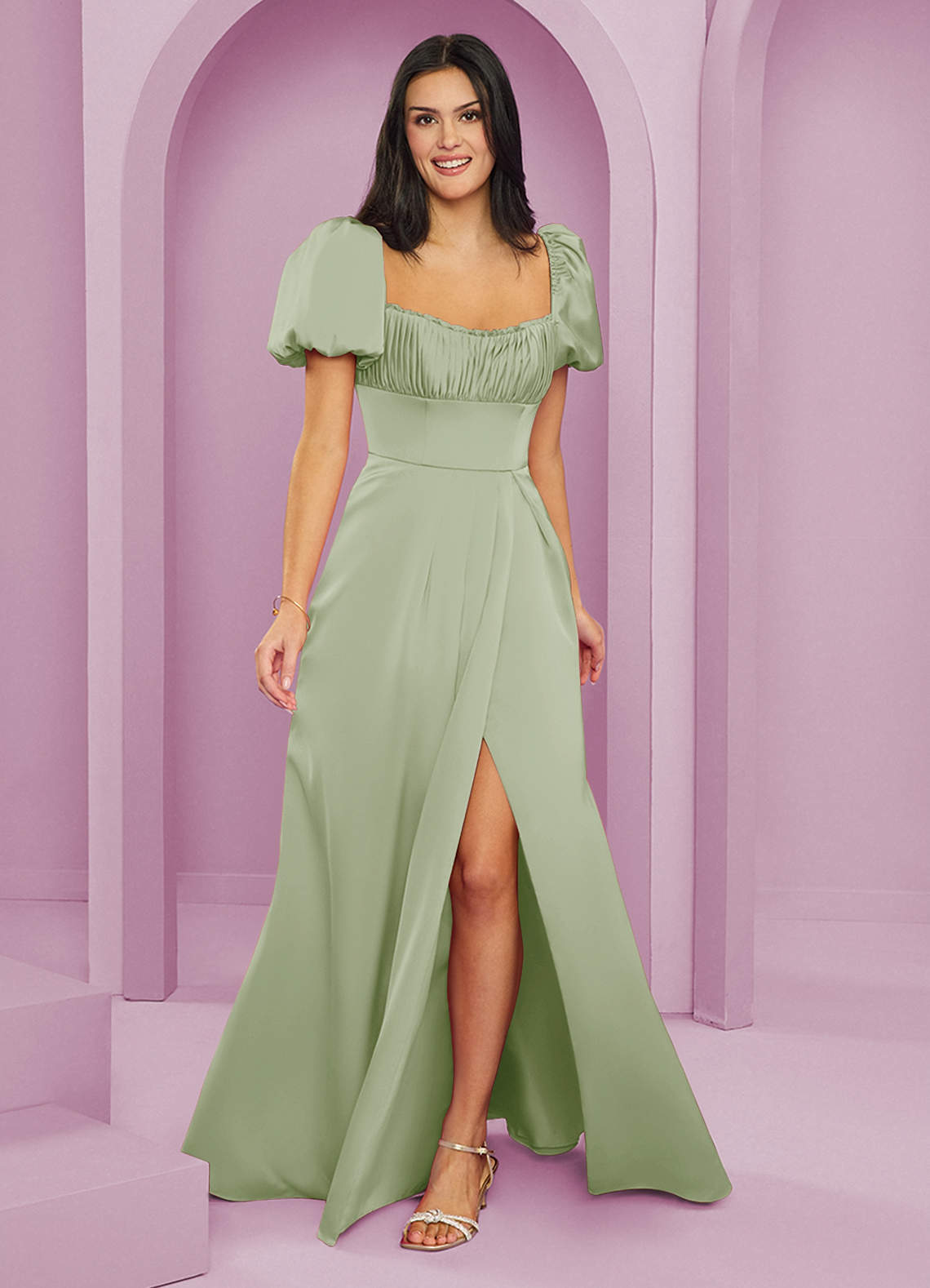 Barbie ♥ Azazie Bridesmaid Dresses Dusty Sage A-Line Ruched Stretch Satin Dress image1