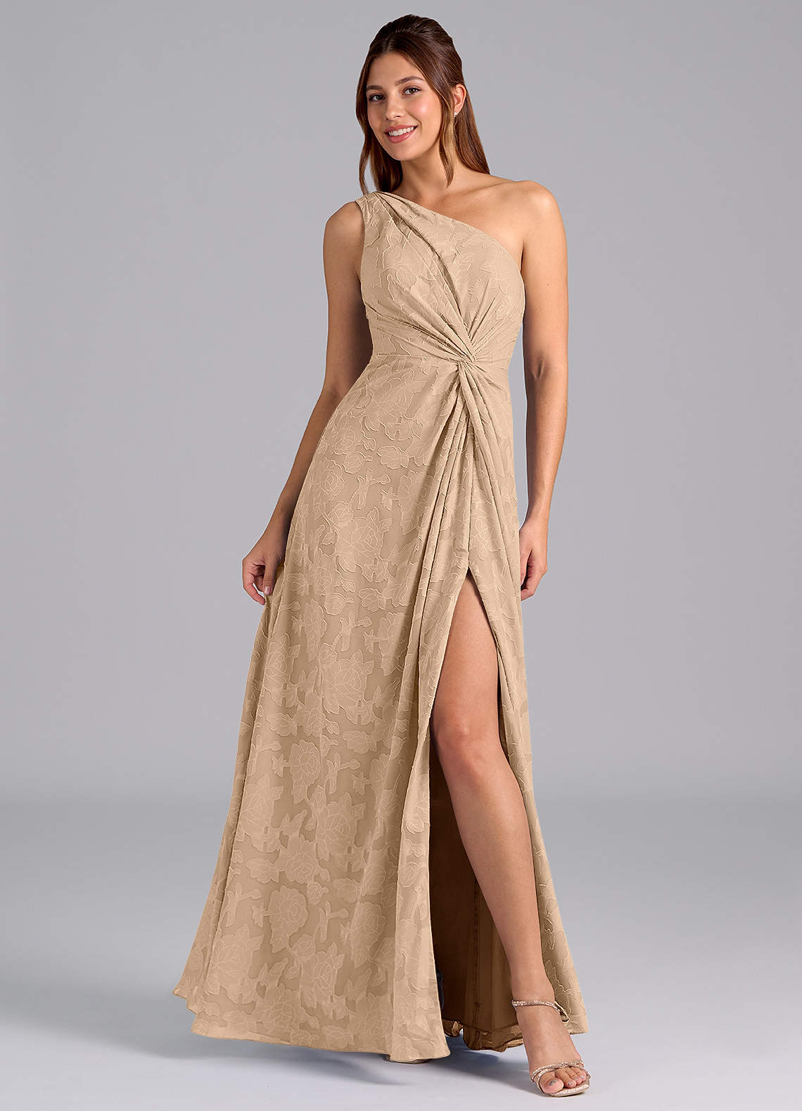 Azazie Brooke Jurken voor bruidsmeisjes Jurk van Bloemen Burn-out met A-Lijn One-Shoulder Champagne image1