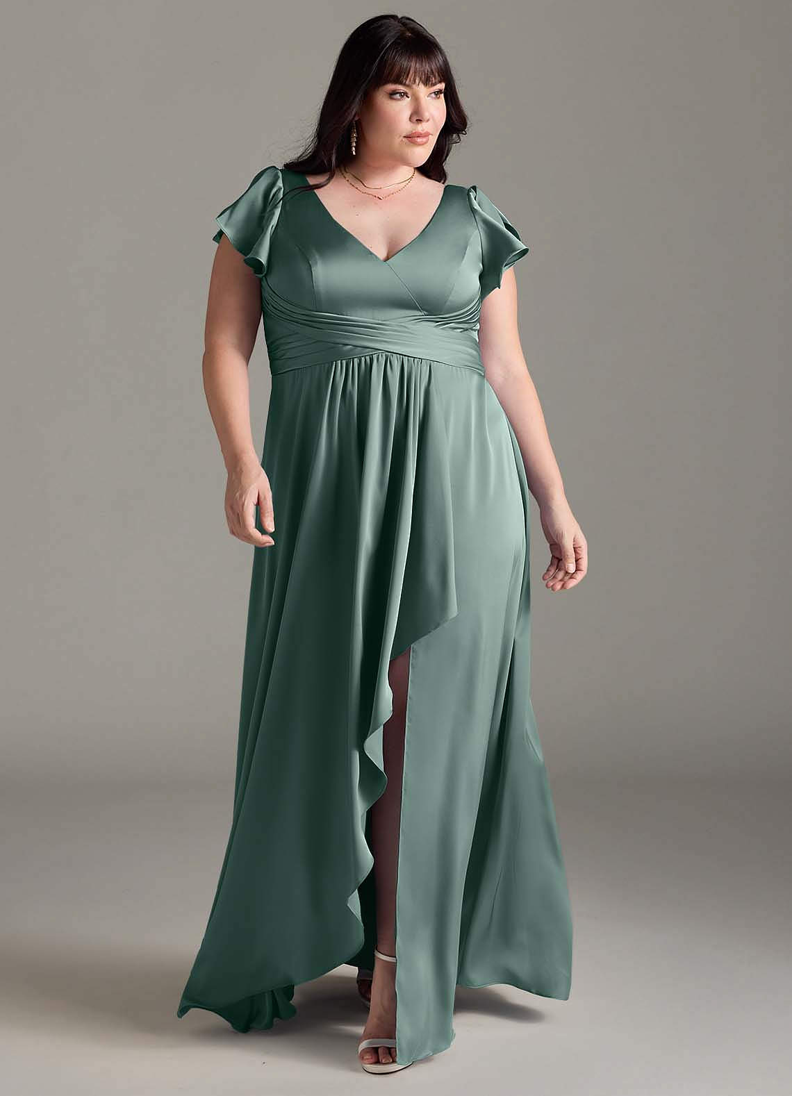 Azazie Omari Bridesmaid Dresses Eucalyptus A-Line Stretch Satin Dress image1