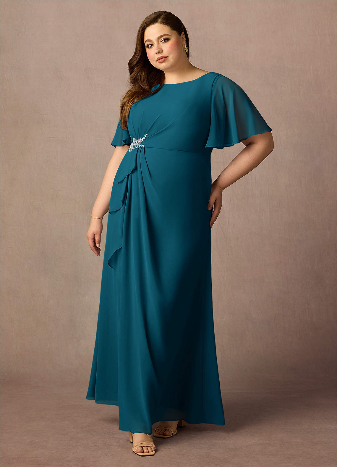 beaded chiffon mother of the bride dresses Mother Of The Bride Dress Gold Beaded Cape-Sleeve Jewel Neck Chiffon Maxi Mother Of The Bride Dresses
