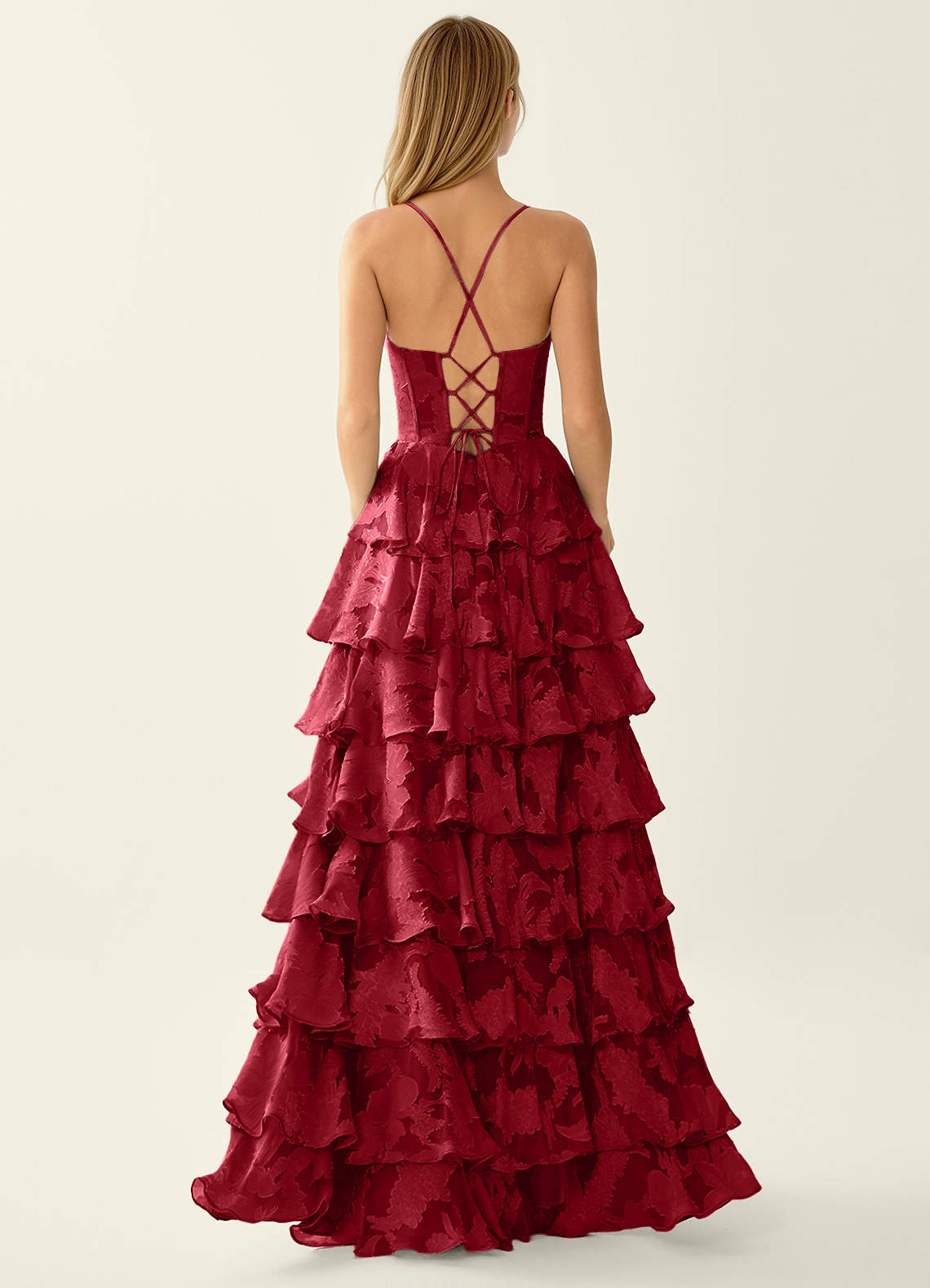 Wrenana Ruby Red Textured Floral Jacquard Prom Dress | Azazie