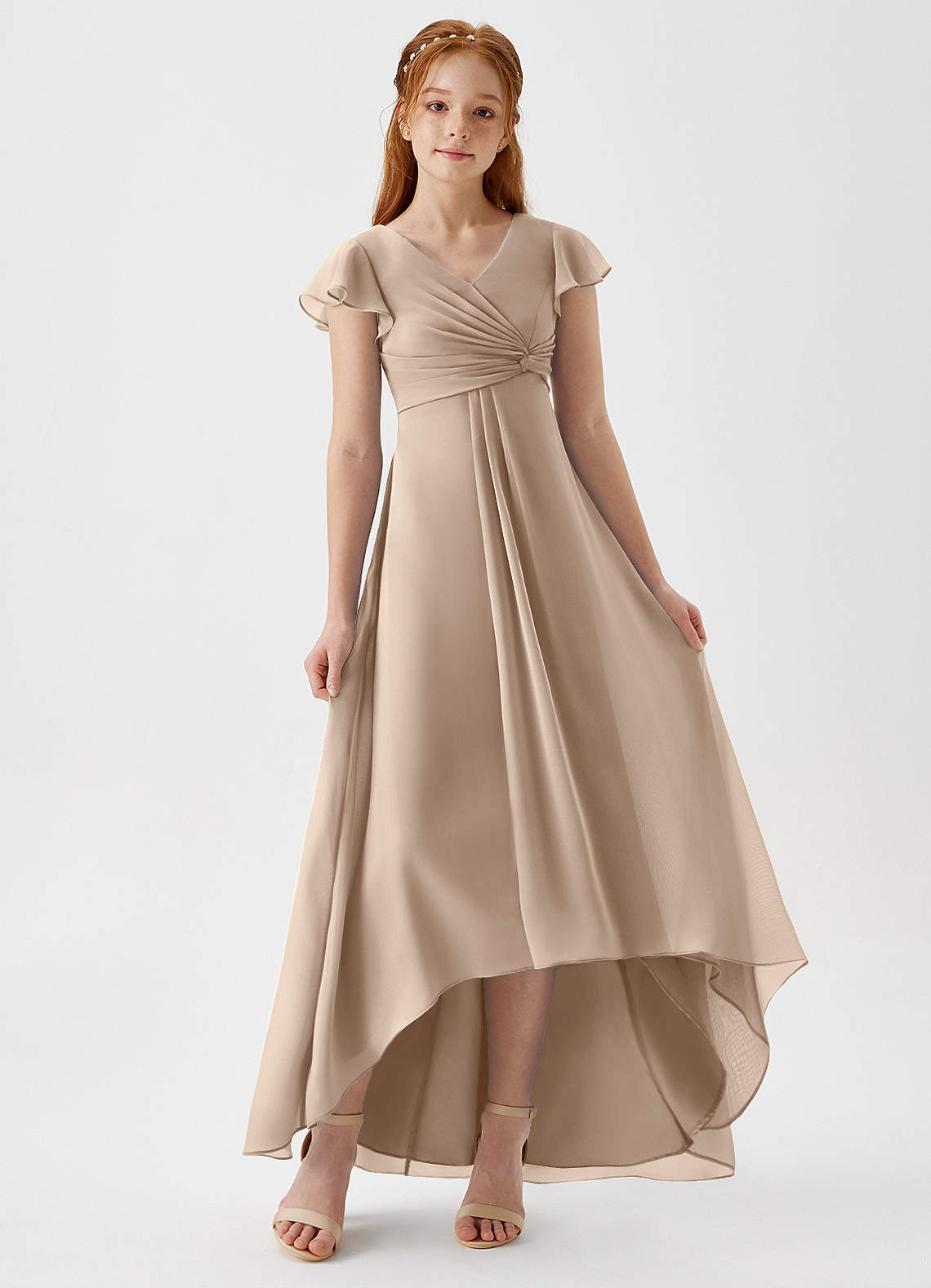 Azazie A-Line/Princess V-Neck Asymmetrical Chiffon Junior Bridesmaid Dresses - Taupe