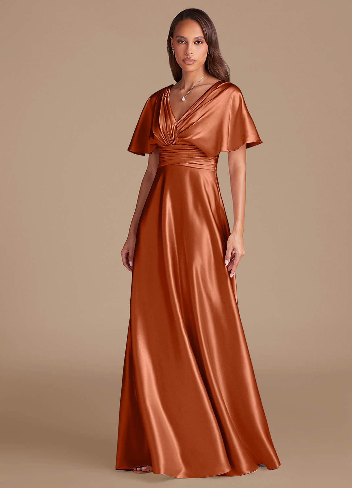 Azazie Pamela Klänningar att prova hemma Klä av A-Linje i Metallisk satin Plisserad Kastanjebrunt image5