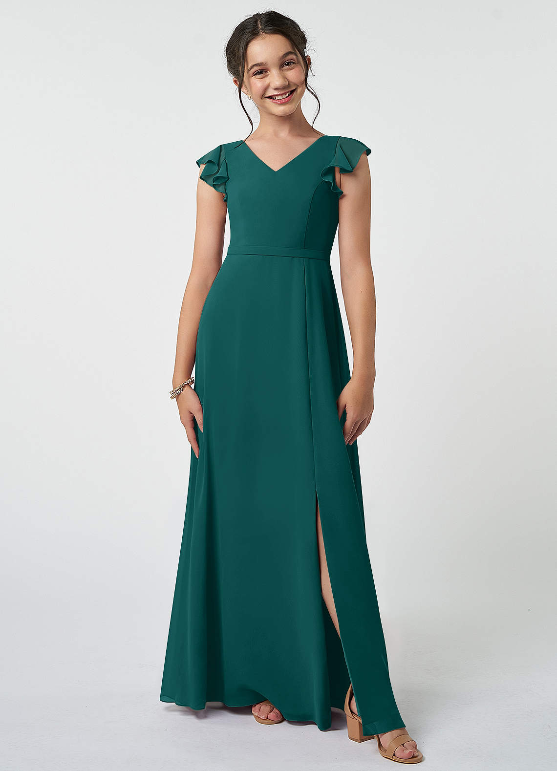Azazie Claudine Junior Peacock A-Line Pleated Chiffon Dress image1