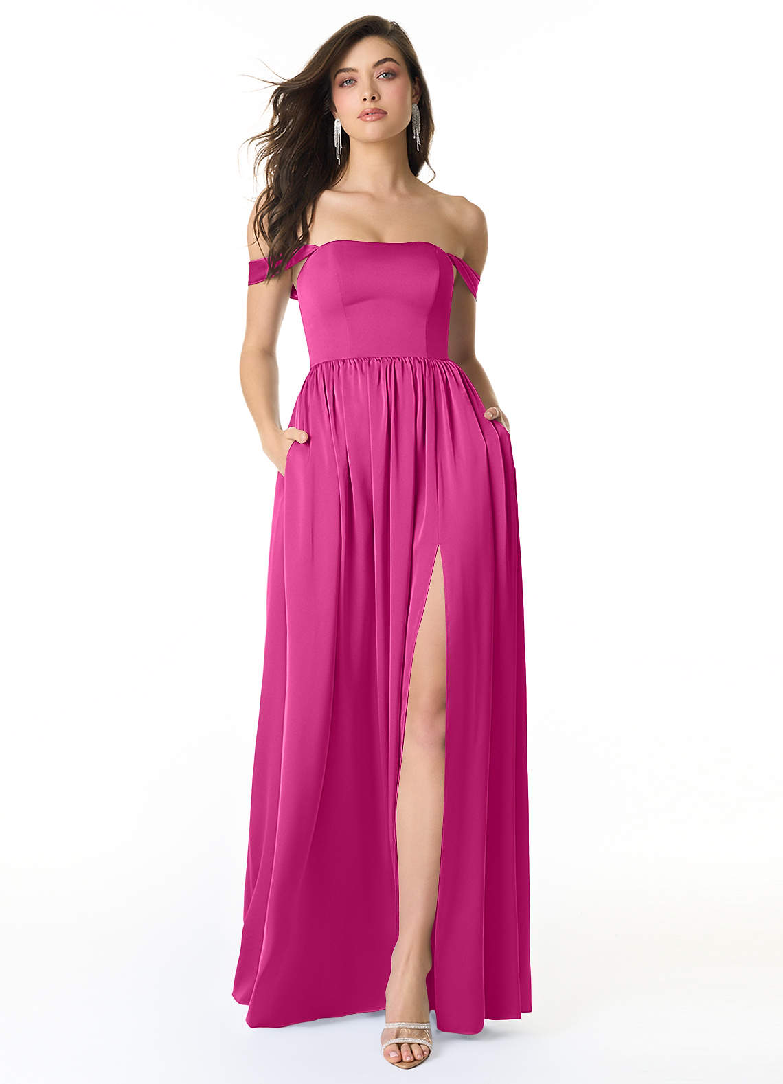 Azazie Morana Bridesmaid Dresses Fuchsia A-Line Off the Shoulder Stretch Satin Convertible Dress image1