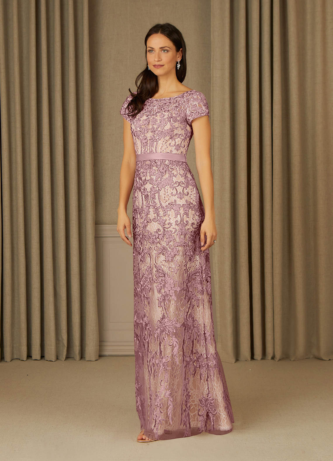 Azazie Dorit Dusty Rose Champagne Sheath Scoop Lace Dress Ready to