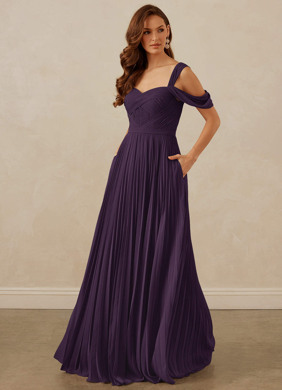Christian Siriano Bridal for Azazie 1013 Bridesmaid Dresses Plum A-Line Off the Shoulder Chiffon Dress image1