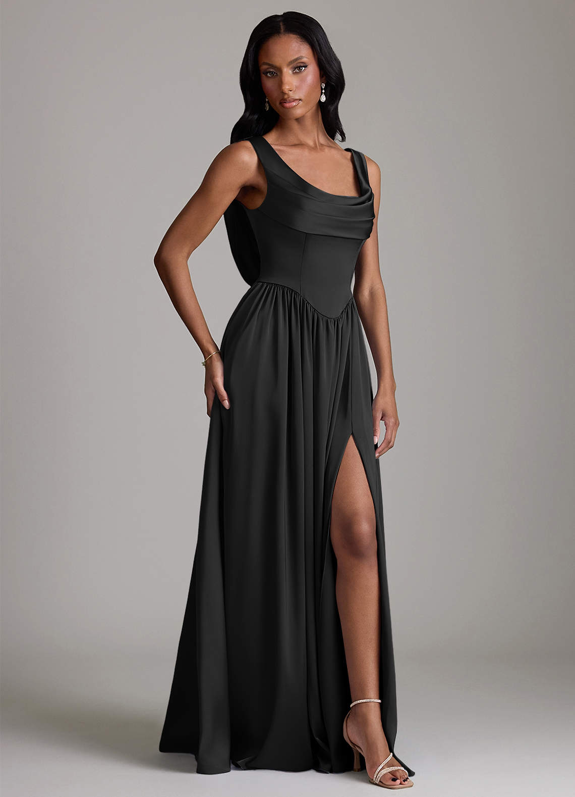 Azazie Novi Bridesmaid Dresses Black A-Line with Pockets Stretch Satin Dress image4