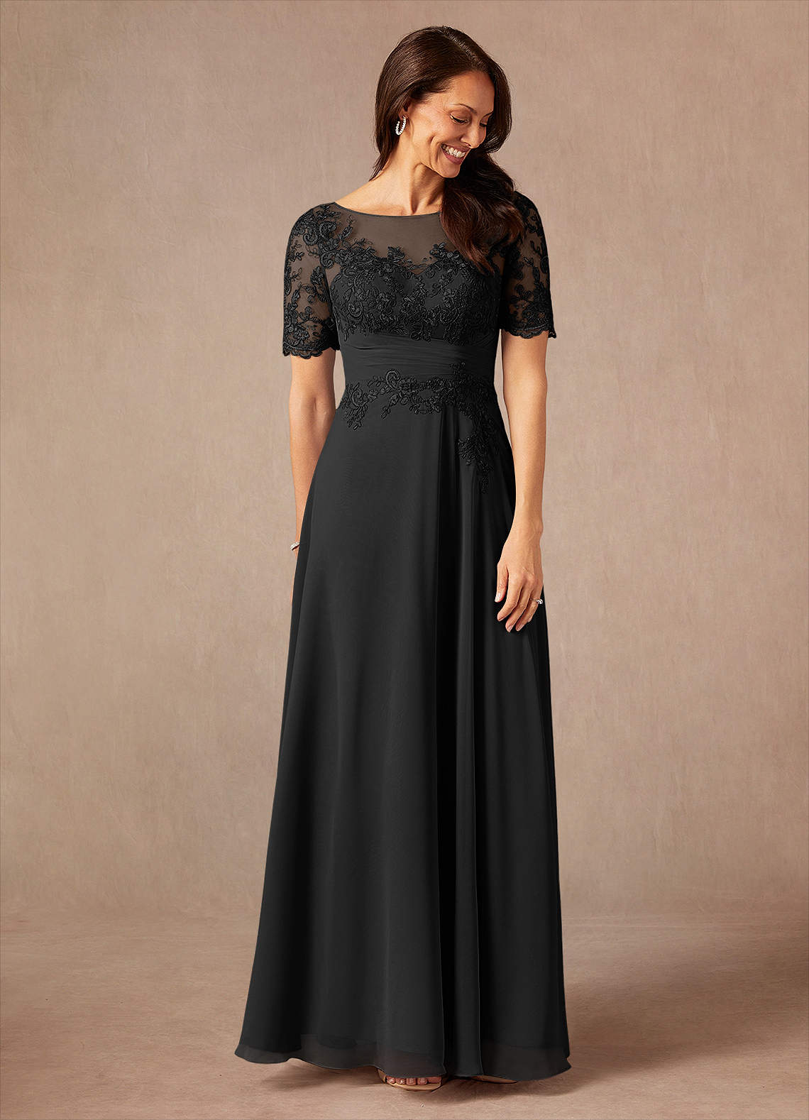 knee length dresses for ladies A-Line V Neck Illusion Long Sleeve Floor-Length Black Chiffon Prom Dress, Split Lace