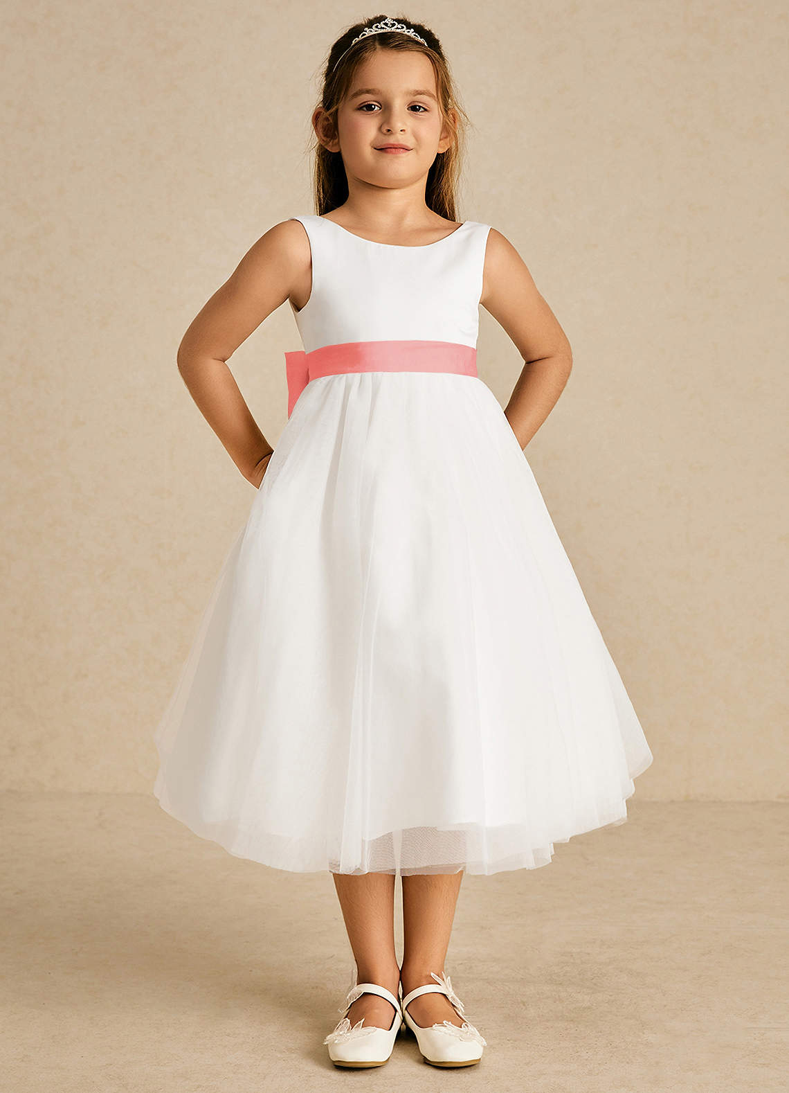 Azazie Kavi Flower Girl Dresses Ivory Coral A-Line Bow Matte Satin Dress image1