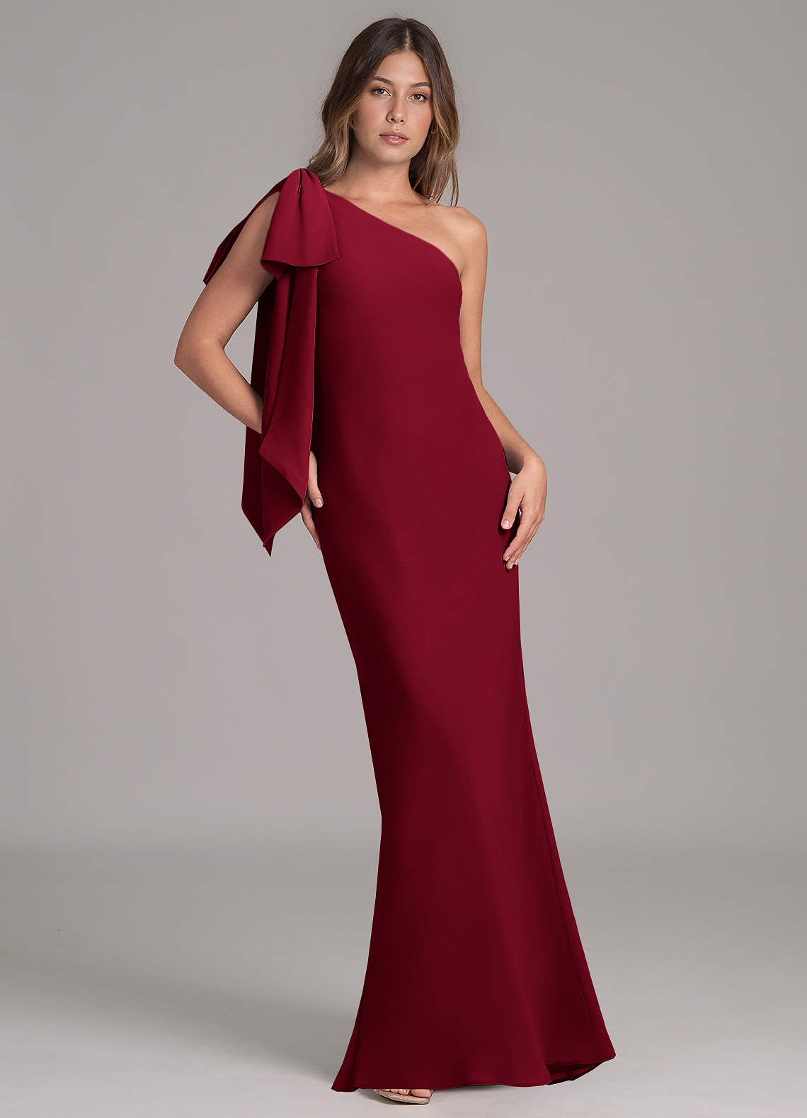 Azazie Capri Bridesmaid Dresses Burgundy A-Line One Shoulder Chiffon Dress image1