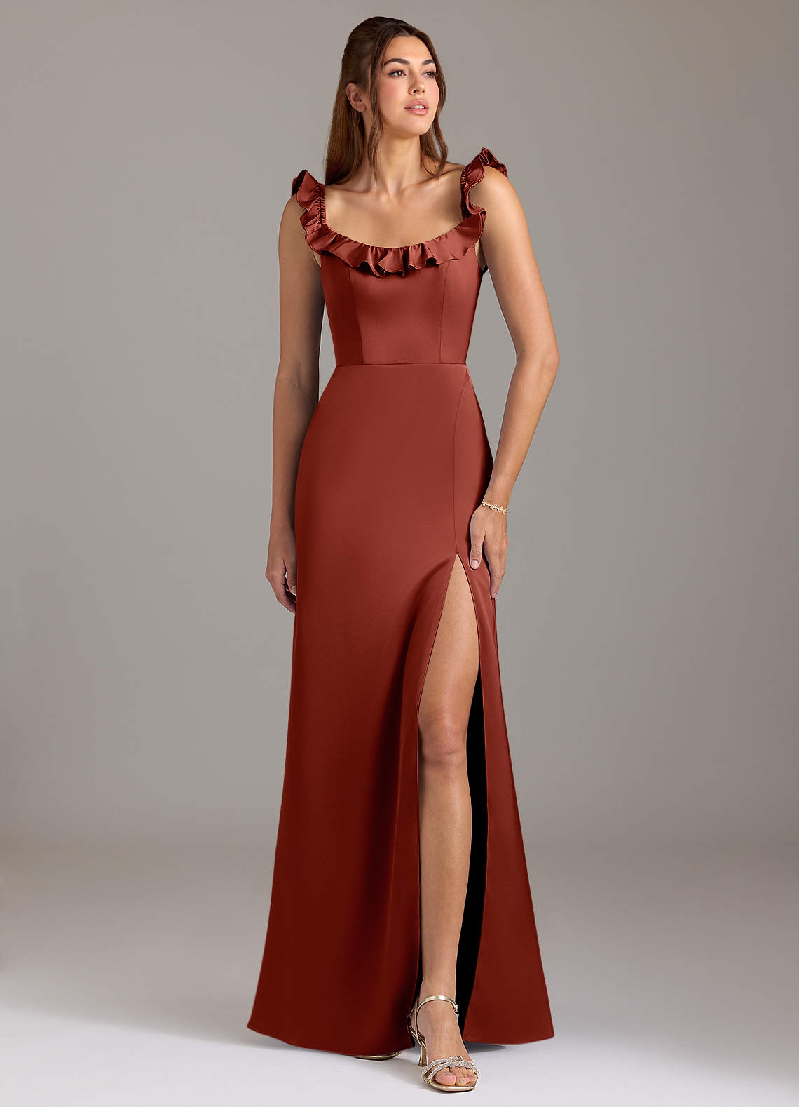 Azazie Callie Ready to Ship Terracotta Stretch Satin Bridesmaid Dresses |  Azazie