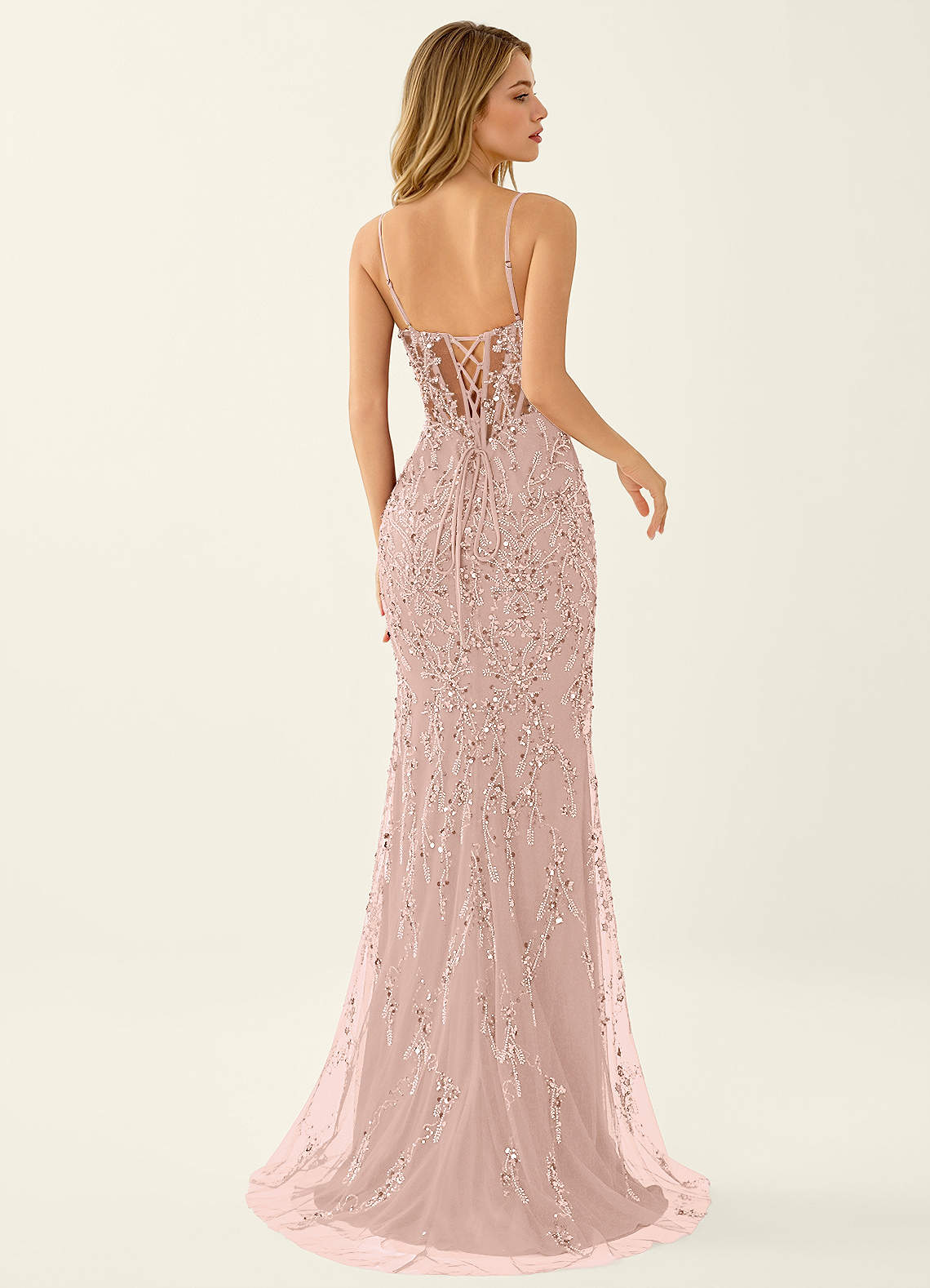 Zivah Pink Beaded Corset Lace Up Back Mermaid Dress image5