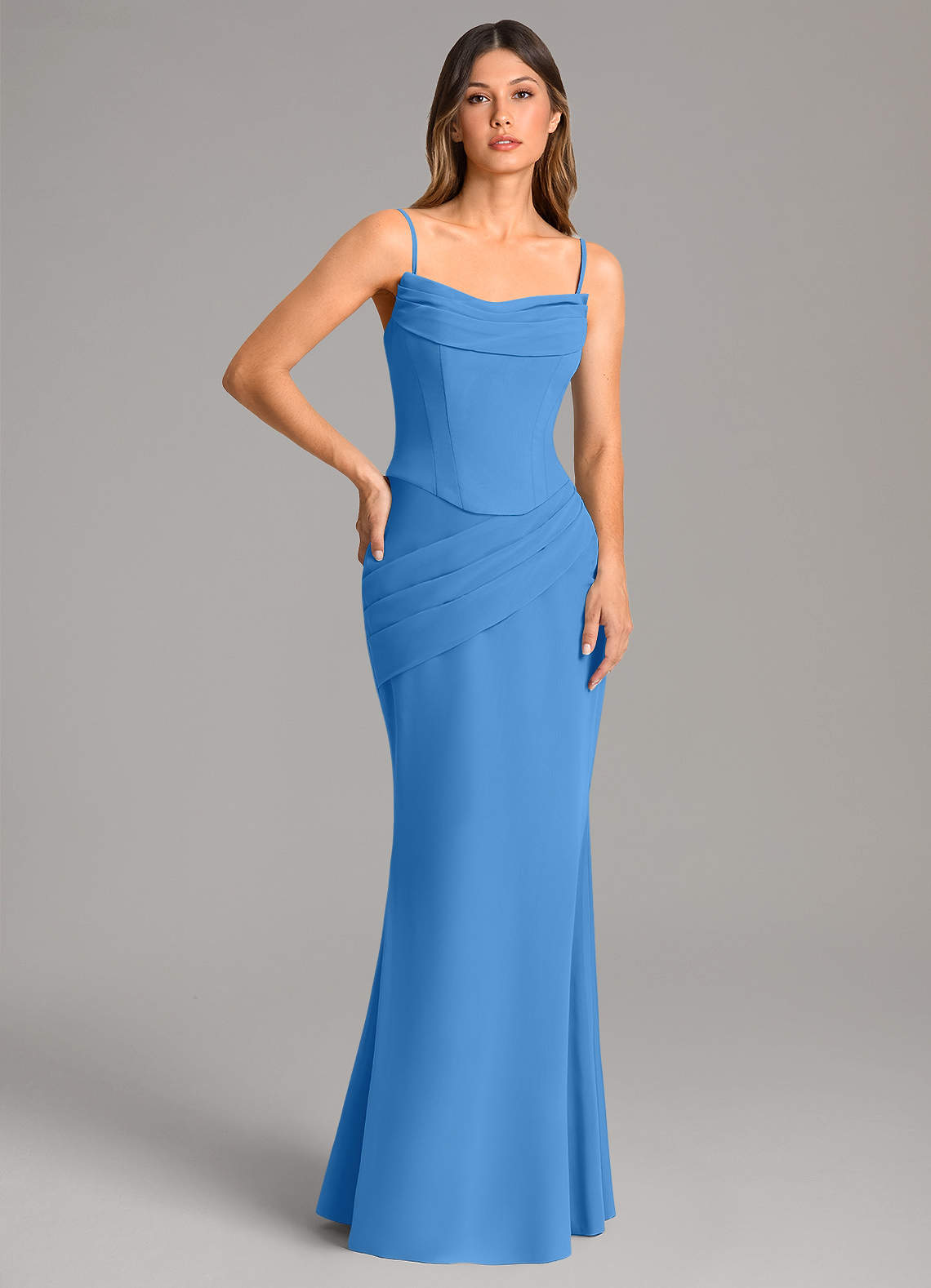 Azazie Sorrel Vestidos de damas de honor Vestido de Azul Grisaceo de Gasa de Corte Sirena con Corsé image1