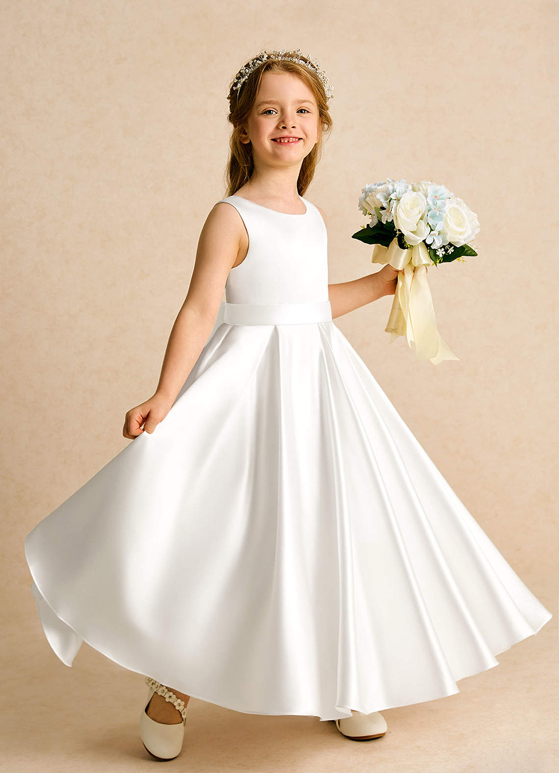 Azazie Cherry Flower Girl Dresses Ivory Ball-Gown Pleated Matte Satin Dress image2