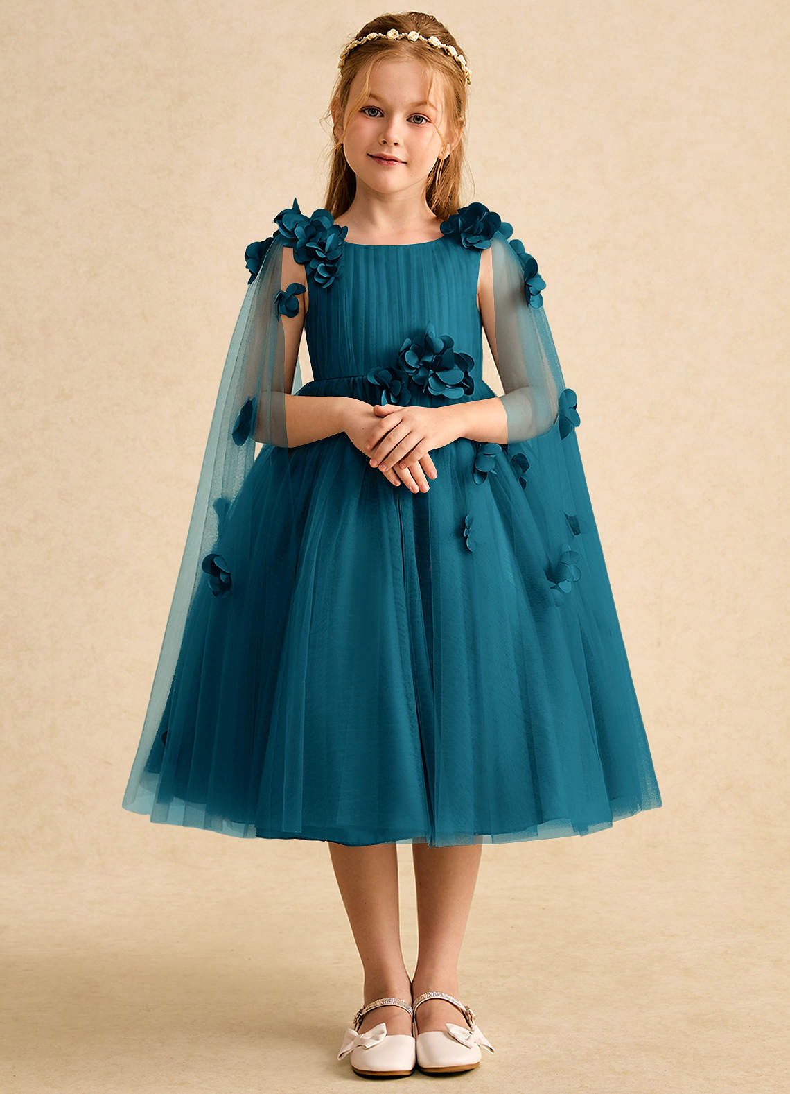 Azazie Staria Flower Girl Dresses Ink Blue Ball-Gown Ruched Tulle Dress image1
