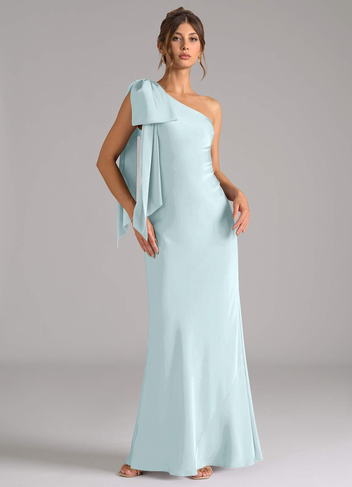 Azazie Capri Bridesmaid Dresses Sea Glass Mermaid One Shoulder Stretch Satin Dress image1