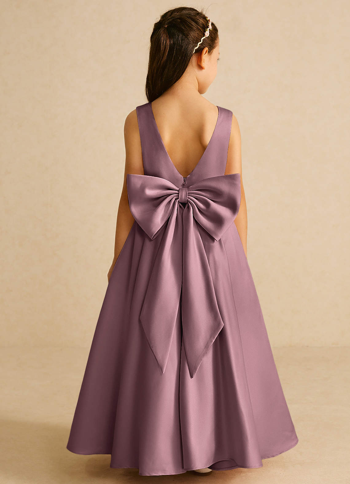 Azazie Pipsy Flower Girl Dresses Vintage Mauve A-Line Bow Matte Satin Dress image1