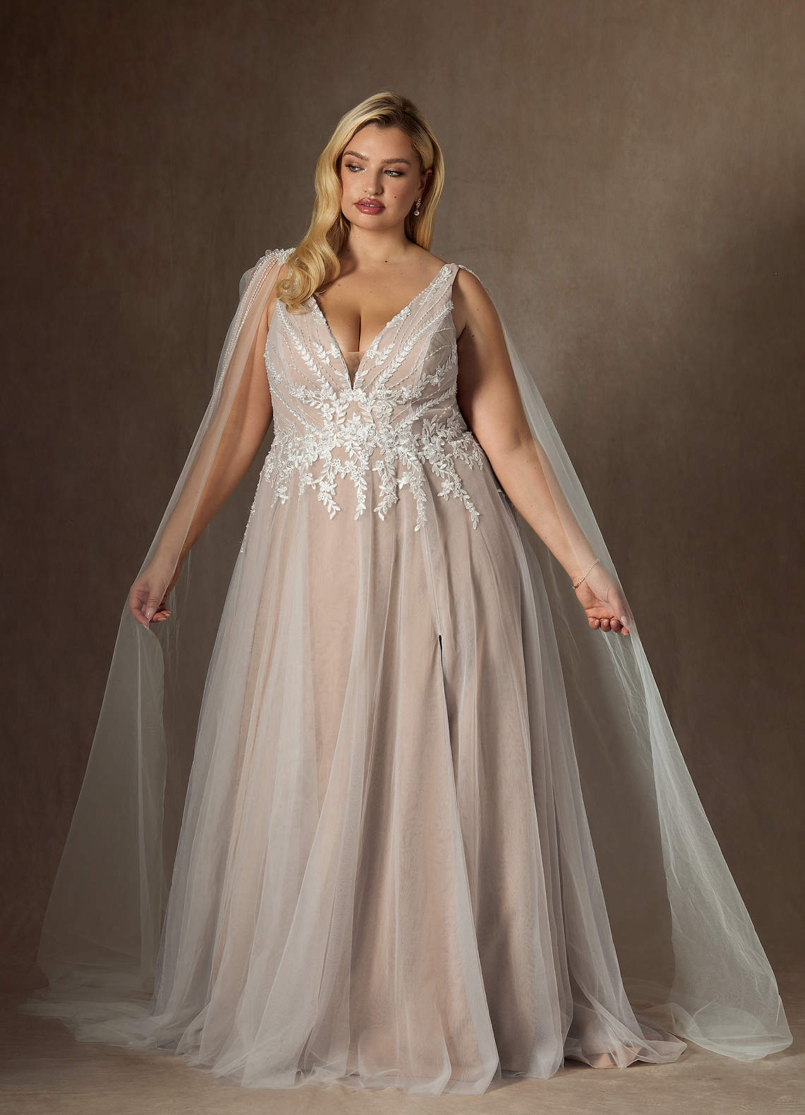 Azazie Goddess Wedding Dresses Diamond White Nude A-Line V-Neck Sequins Tulle Dress image1