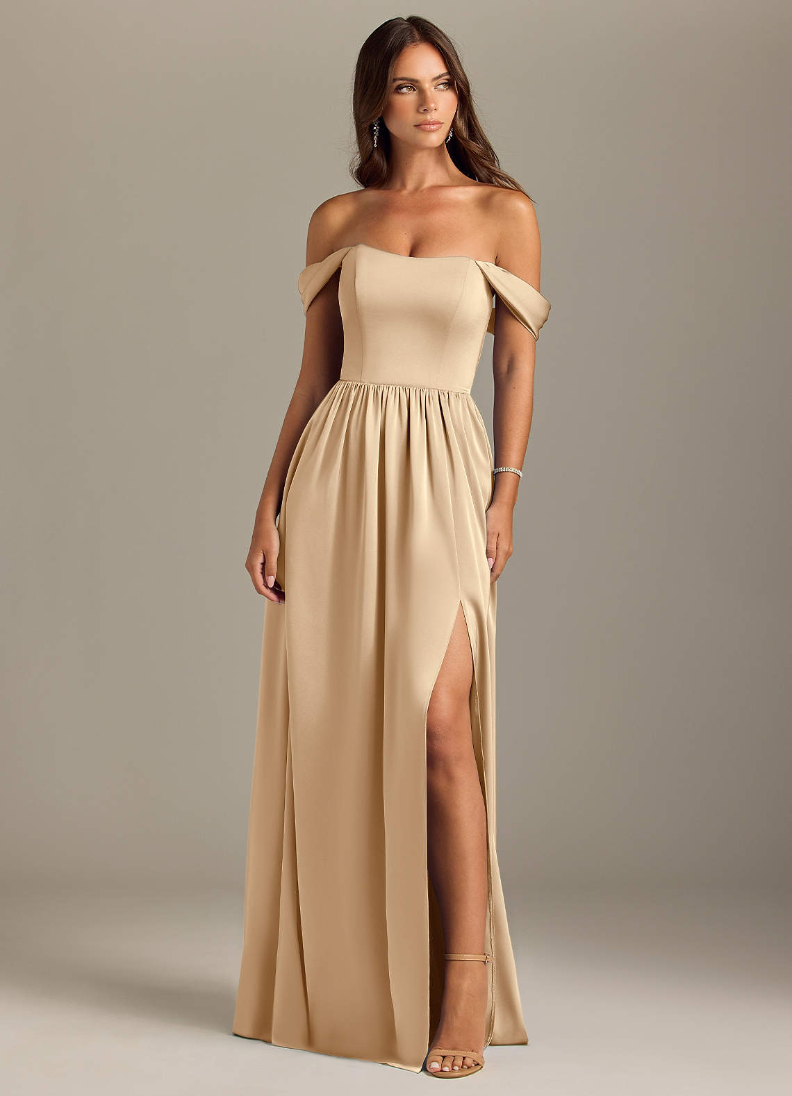 Azazie Calianna Bridesmaid Dresses Champagne A-Line Off the Shoulder Stretch Satin Convertible Dress image1