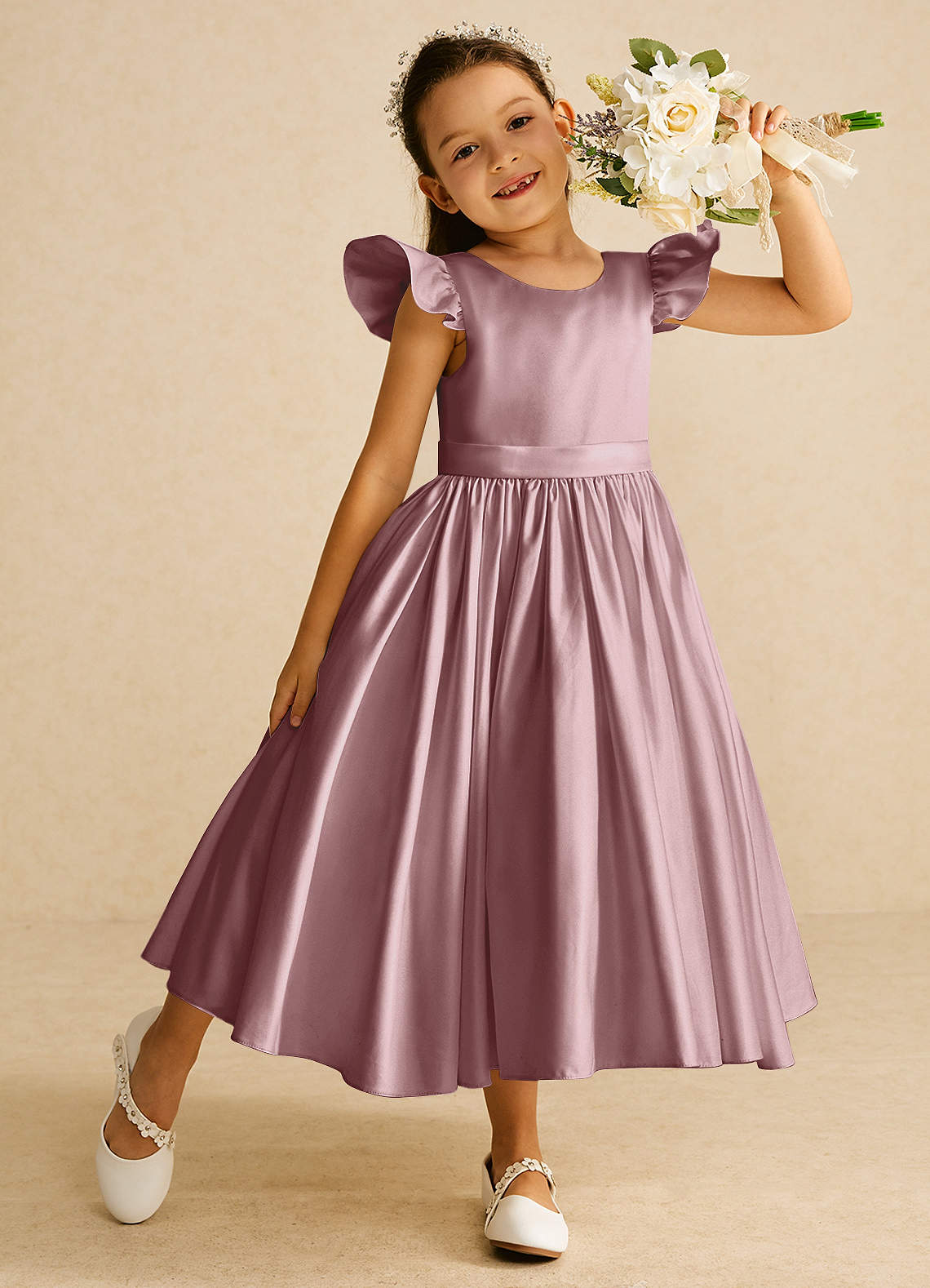 Azazie Violeta Flower Girl Dresses Dusty Rose Ball-Gown Bow Matte Satin Dress image1
