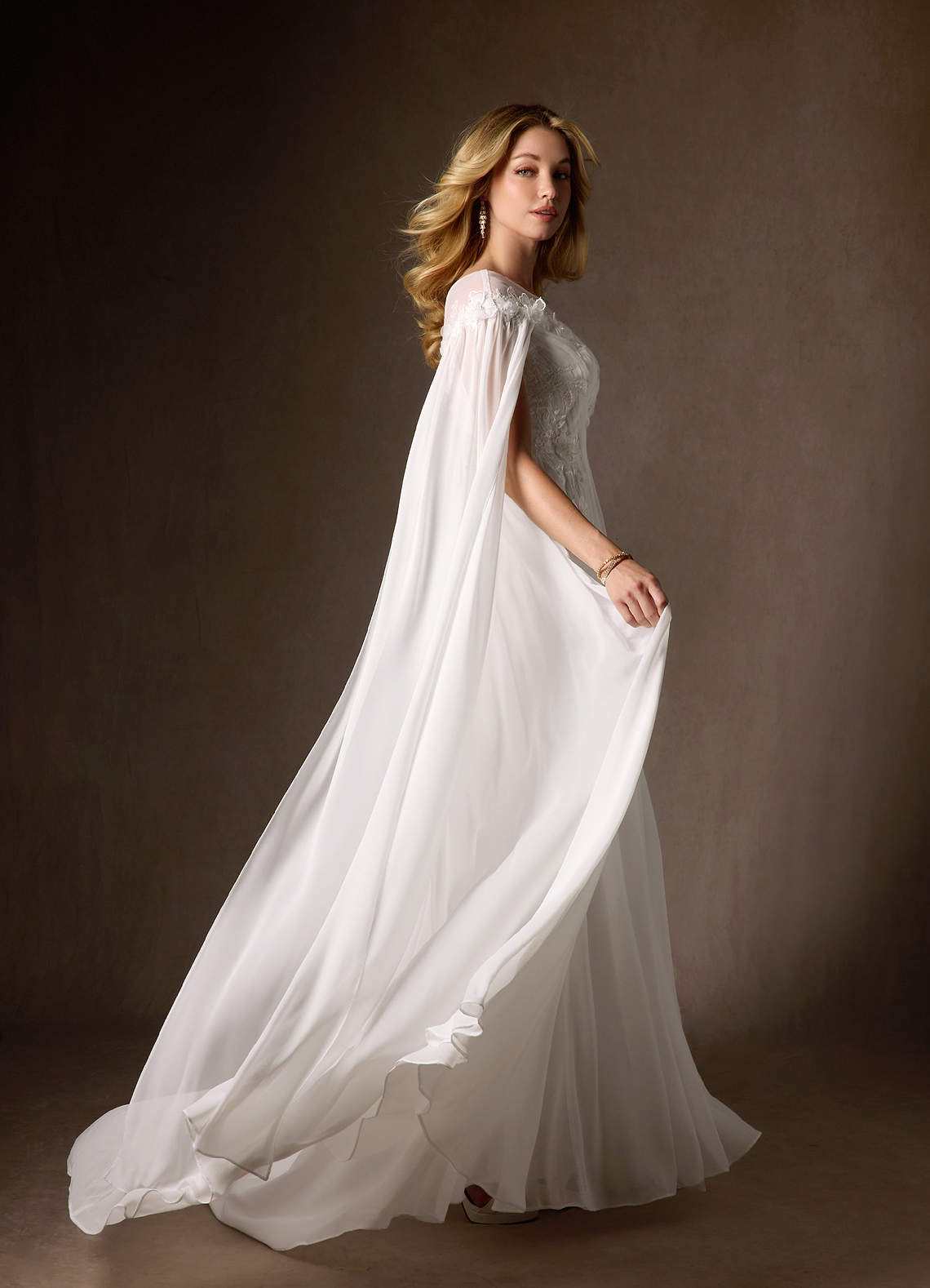 Azazie 2026 A-Line Boho White Romantic Wedding Dress Beaded Chapel Train Chiffon Scoop Neck 3D Florals