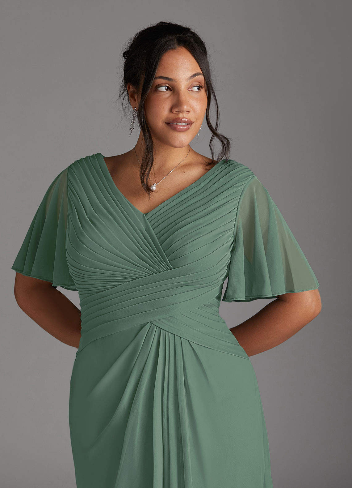 Azazie Emmeline Mother of the Bride Dresses Eucalyptus A-Line V-Neck Pleated Mesh Dress image9