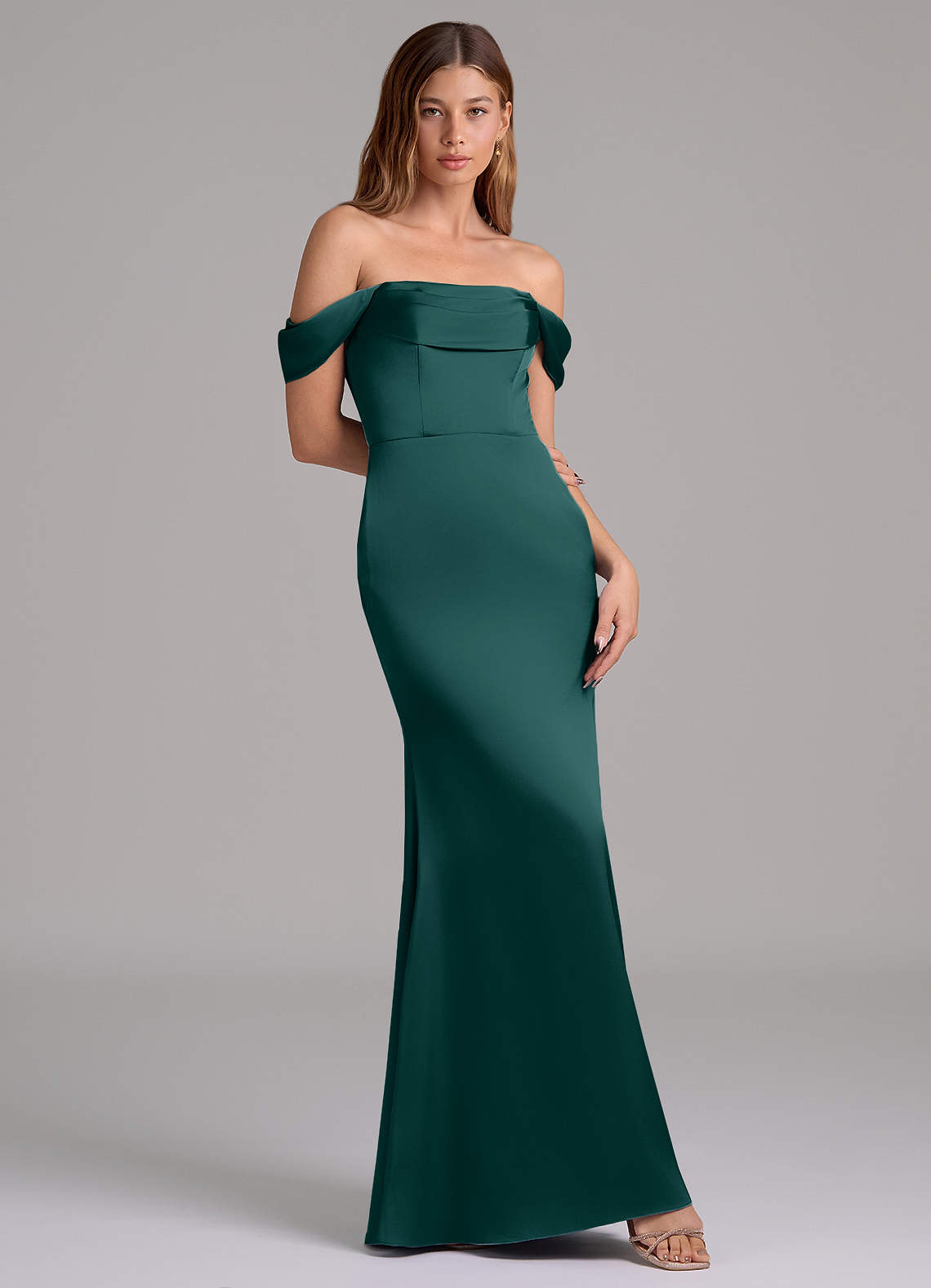 Azazie Miley Bridesmaid Dresses Pine Mermaid Off the Shoulder Stretch Satin Convertible Dress image1