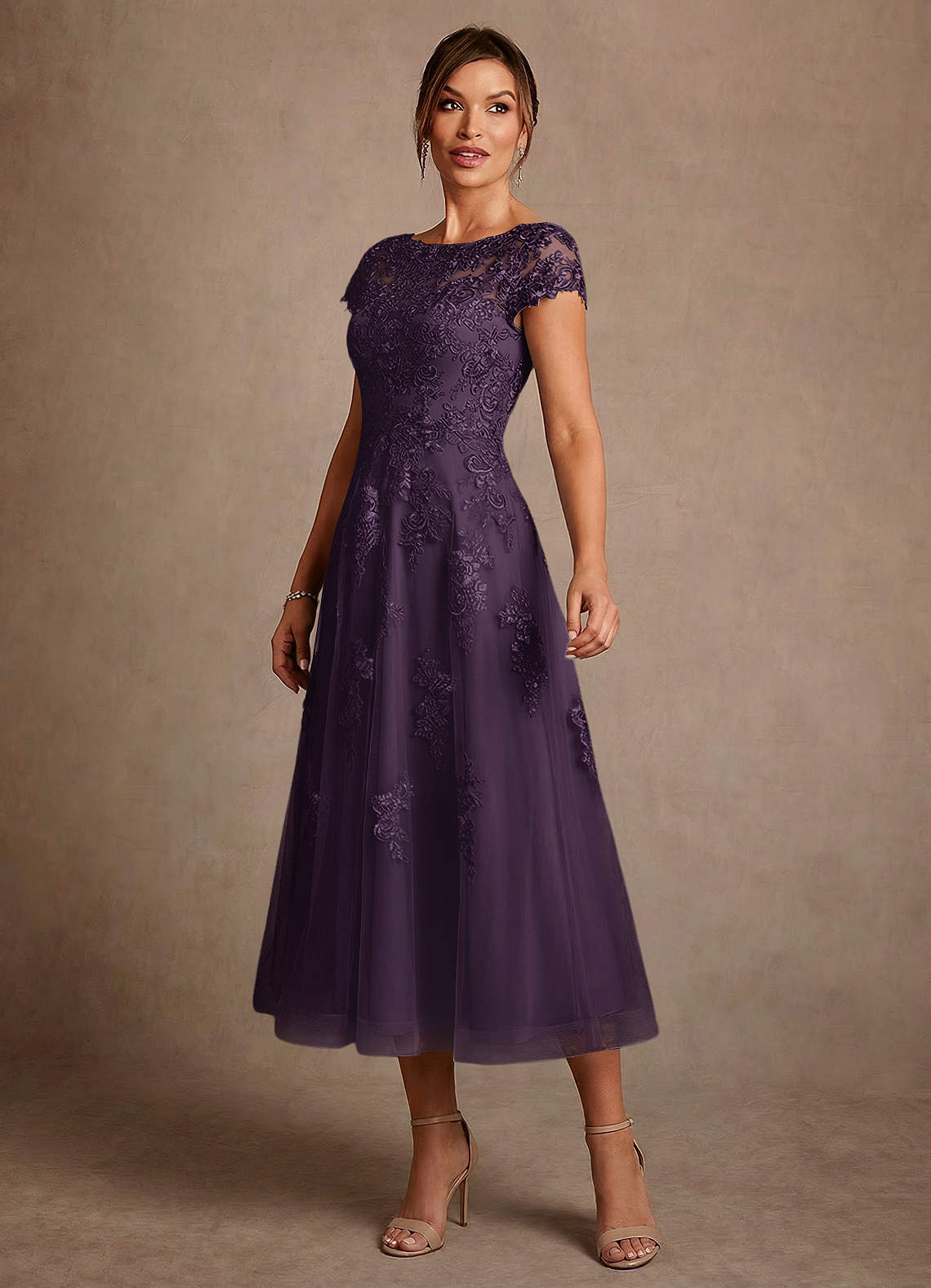Azazie Jolanda Mother of the Bride Dresses Plum A-Line Lace Dress image3
