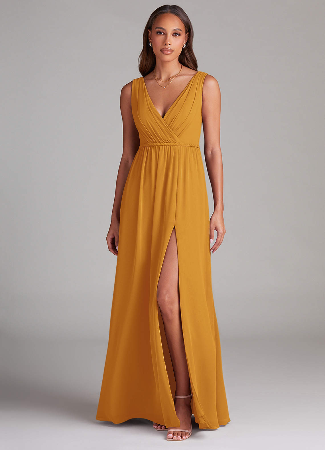 Azazie Tanicia Bridesmaid Dresses Butterscotch A-Line Pleated Chiffon Dress image1