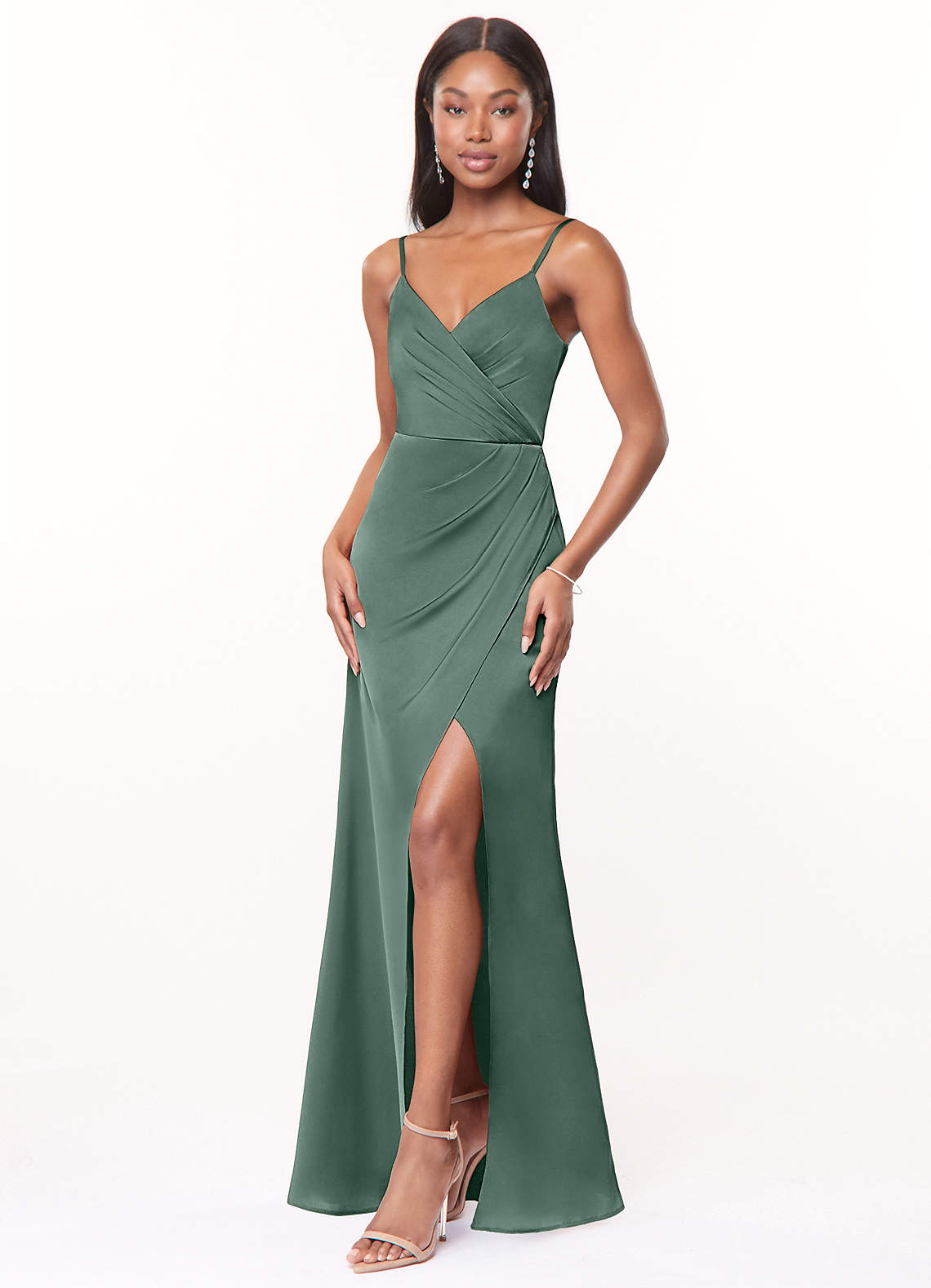 Azazie Maci Bridesmaid Dresses Eucalyptus A-Line V-Neck Pleated Stretch Satin Dress image2