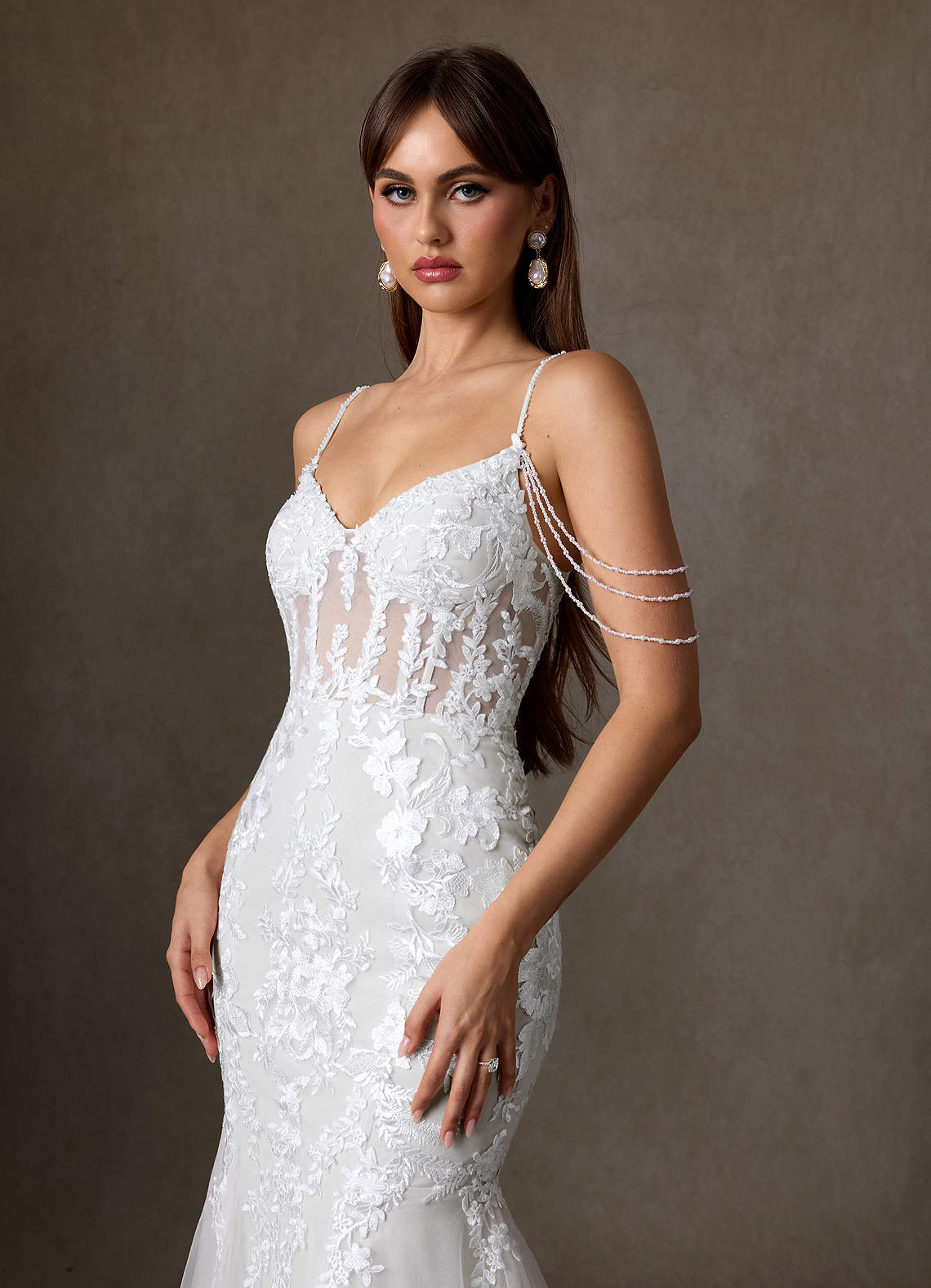 Azazie Denise Vestidos de noiva Vestido Diamante Branco de Tule de sereia com Lantejoulas image6