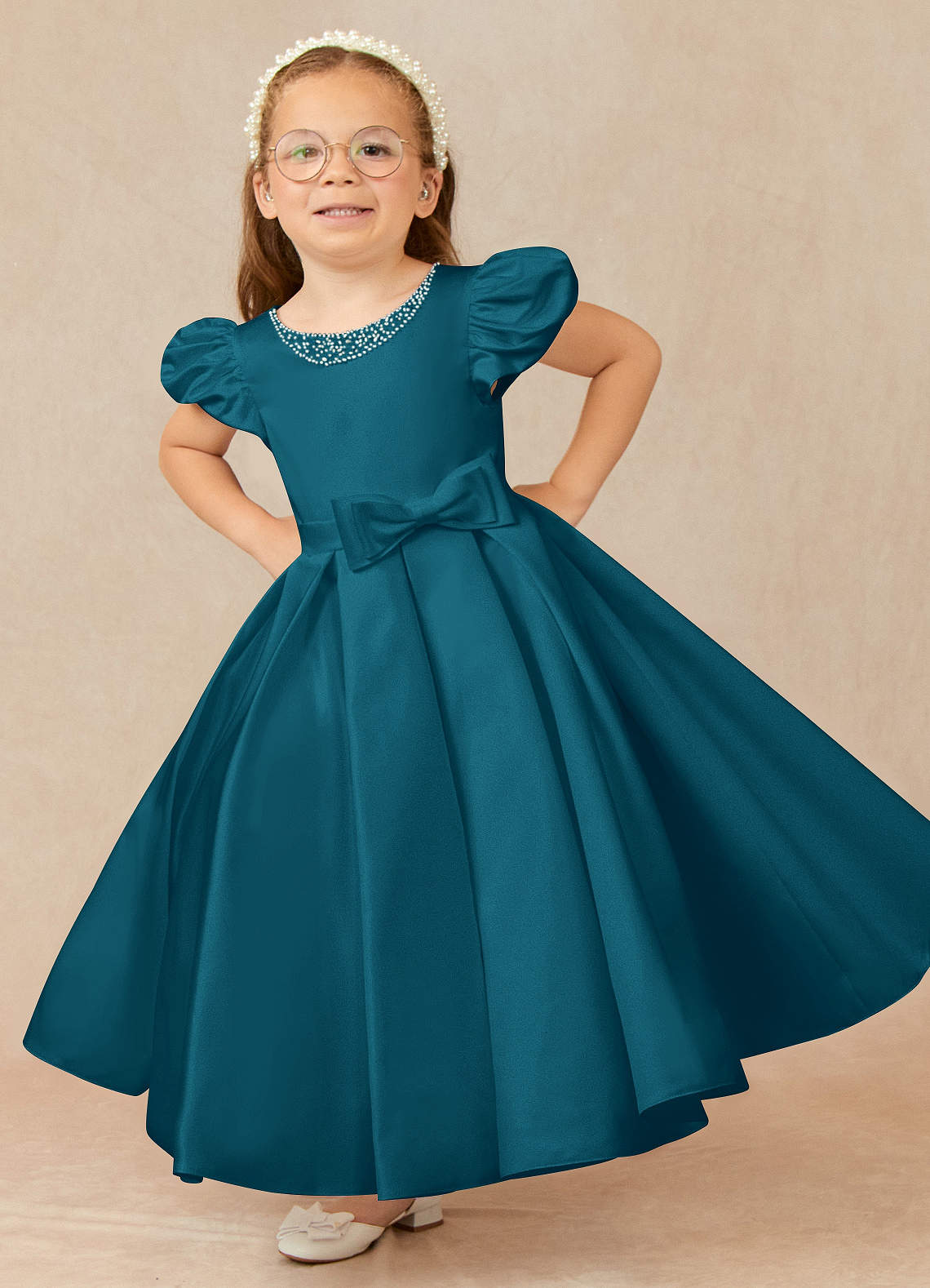 Azazie Jewel vestidos de niña de las flores Vestido de Azul Tinta de Satin Mate de Princesa con Plisado image1