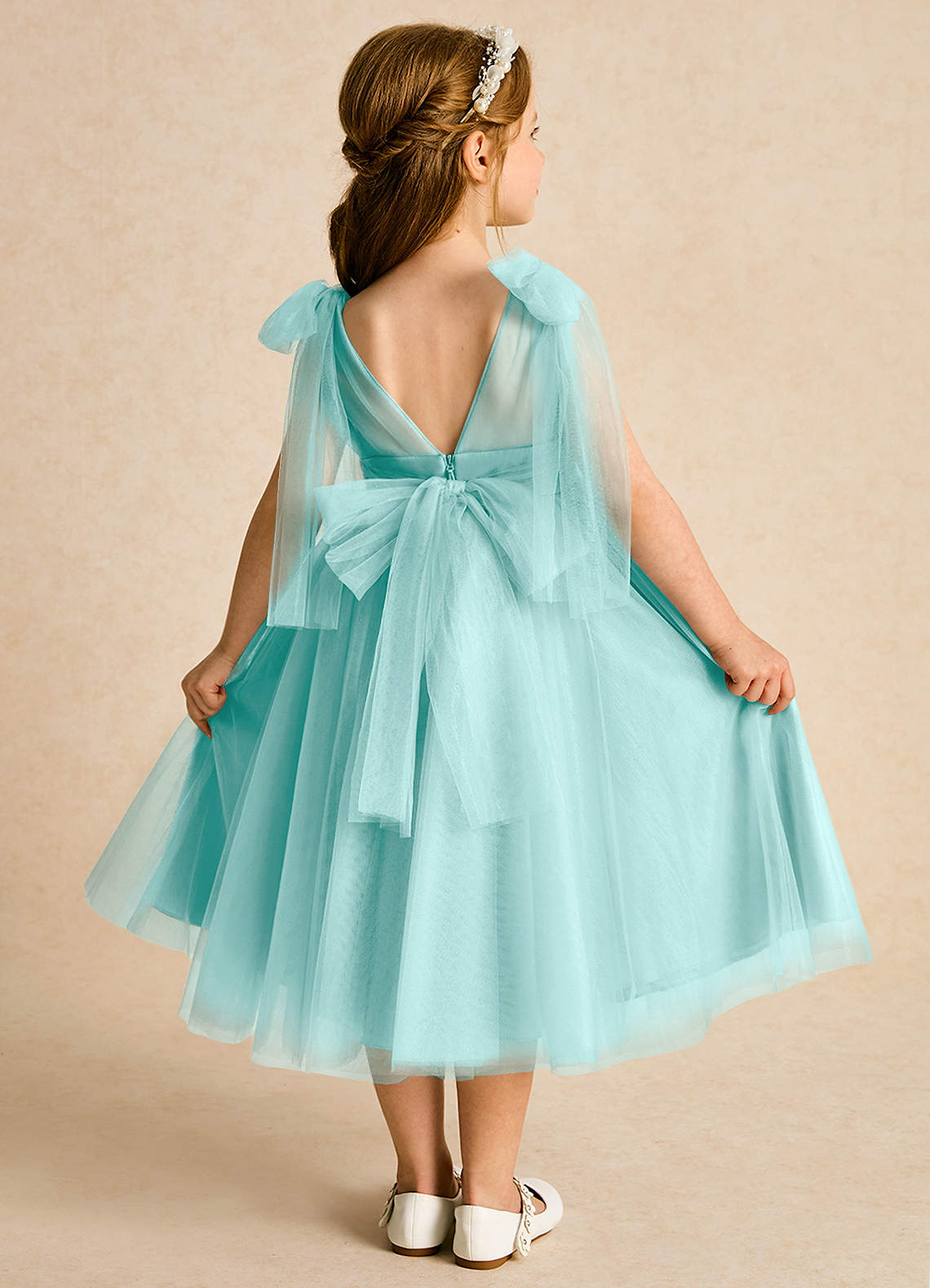 Azazie Dori Robe Demoiselle D'honneur Fillette Robe Trapèze en Tulle Rayé Aqua image1