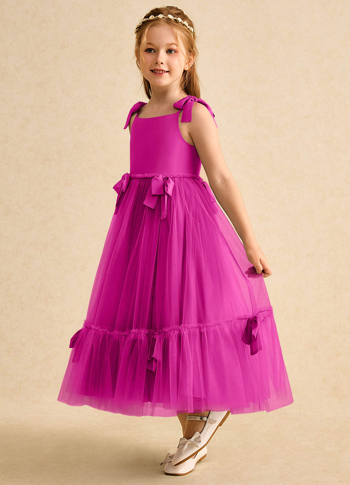 Azazie Jaci Blumenmädchenkleider A-Linie Spaghetti Riemen Chiffon Kleid Fuchsia image1