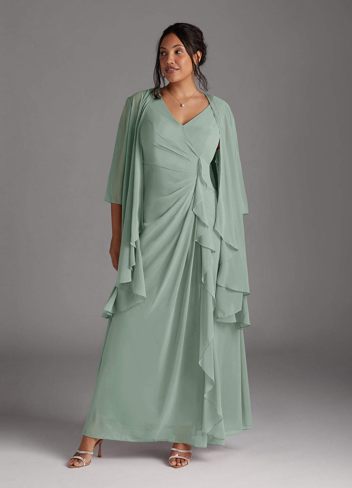 Azazie Manuella Kleider für die Brautmutter A-Linie V-Hals Gefaltet Chiffon Kleid Agave image1