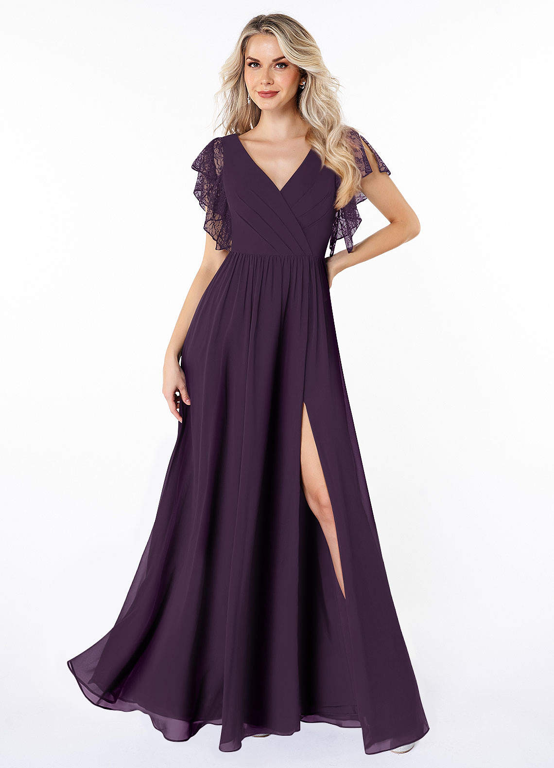 Azazie Zella Bridesmaid Dresses Plum A-Line Lace Chiffon Dress image1