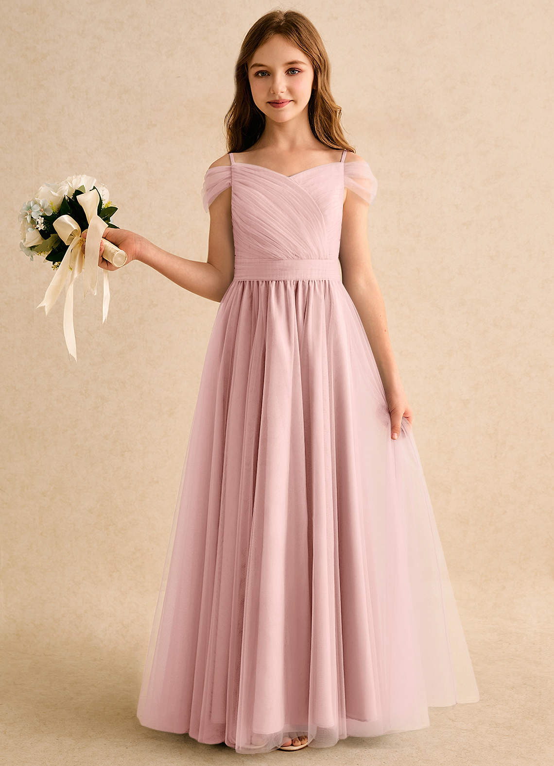 Azazie Yuna Girls Formal Abiti da Ragazza di Fiori Abito A-Line in Tulle Spalle Scoperte Rosa Cipria image2